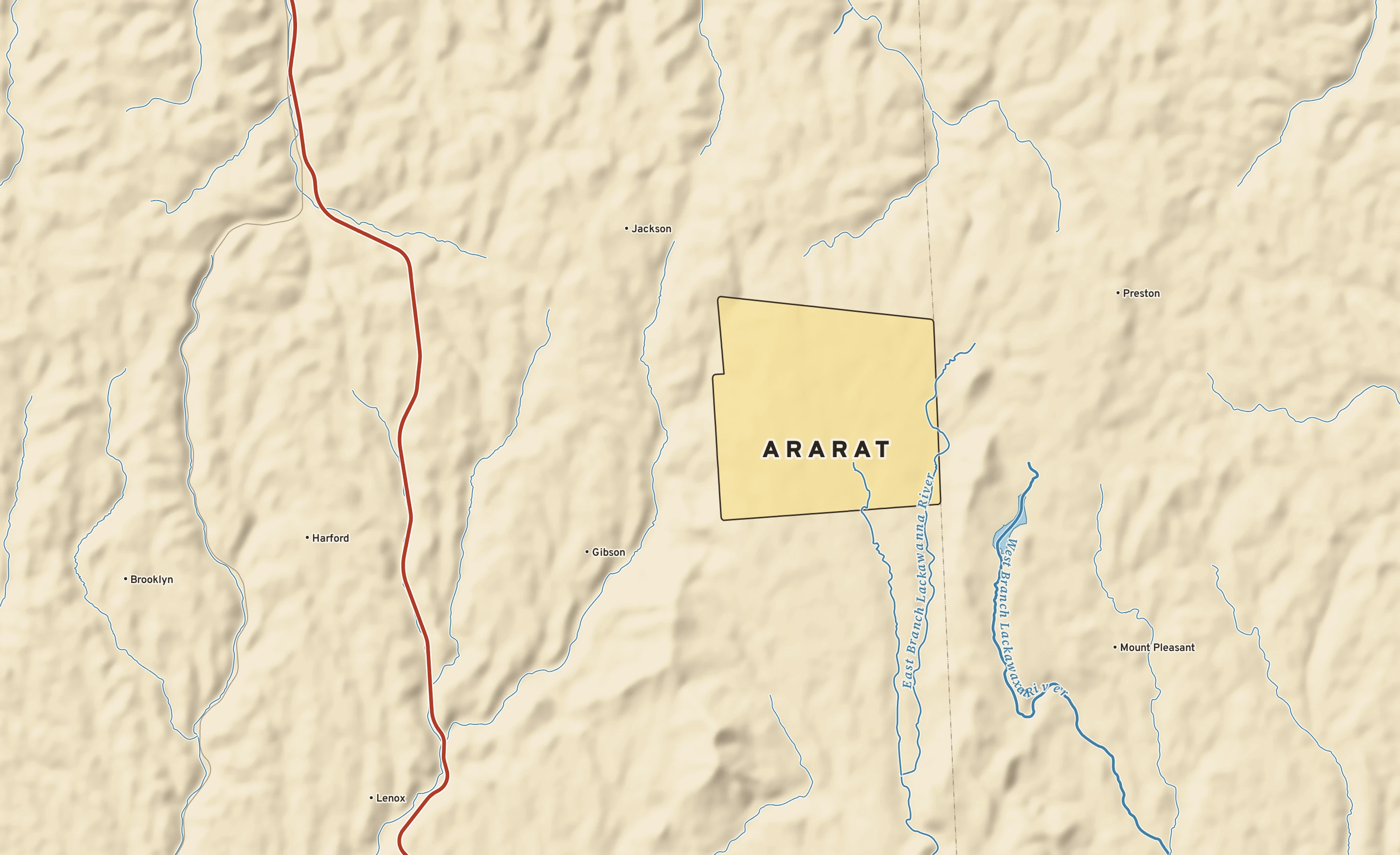 Shaded-relief atlas plate of Ararat, Pennsylvania: rivers, roads, the city limits and where the water drains.