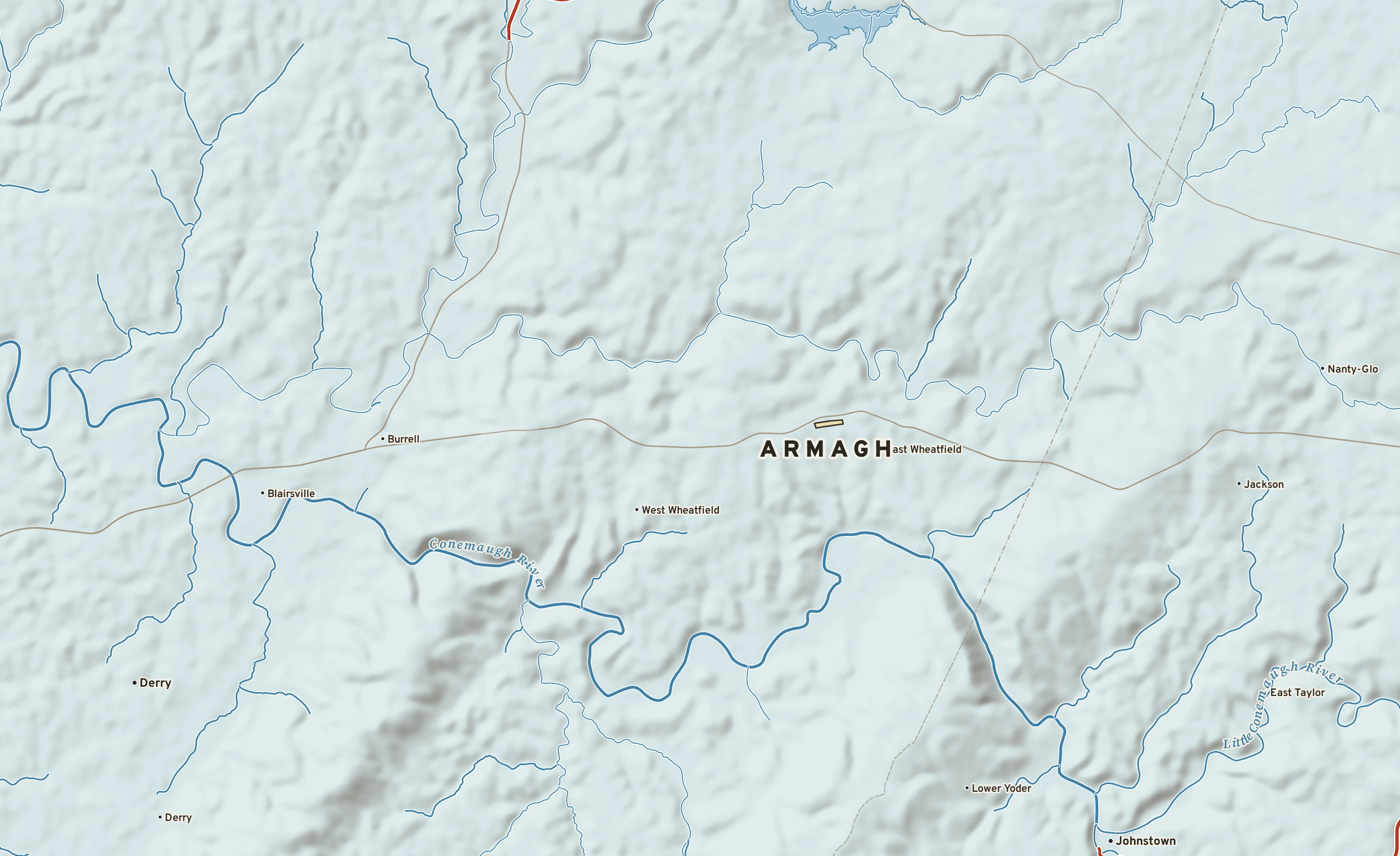 Shaded-relief atlas plate of Armagh, Pennsylvania: rivers, roads, the city limits and where the water drains.