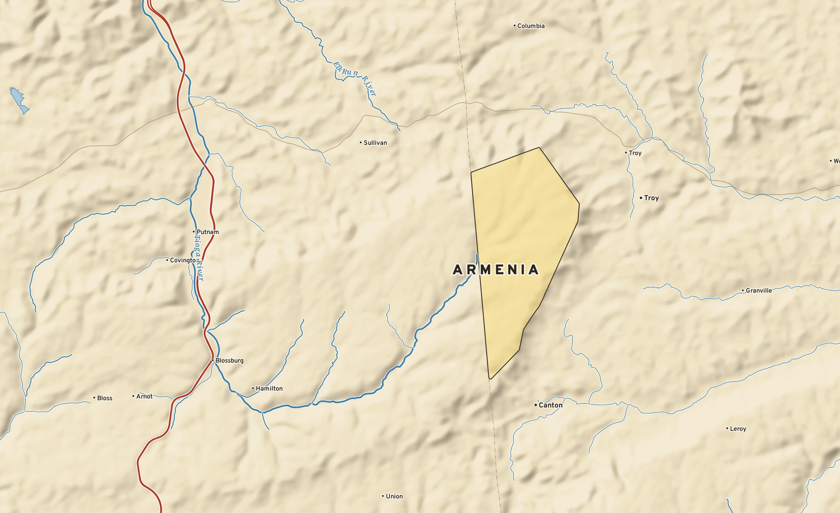 Shaded-relief atlas plate of Armenia, Pennsylvania: rivers, roads, the city limits and where the water drains.