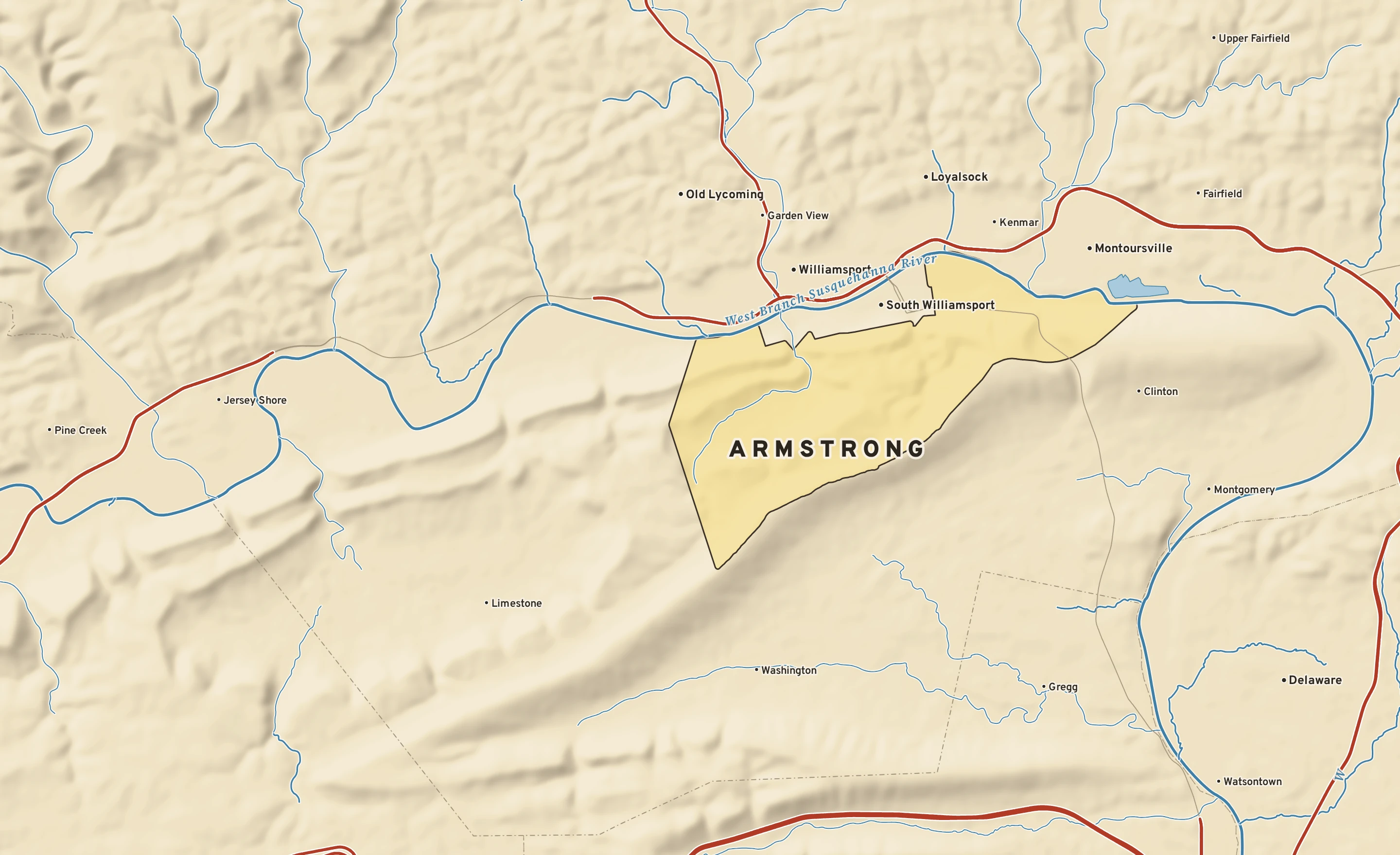 Shaded-relief atlas plate of Armstrong, Pennsylvania: rivers, roads, the city limits and where the water drains.