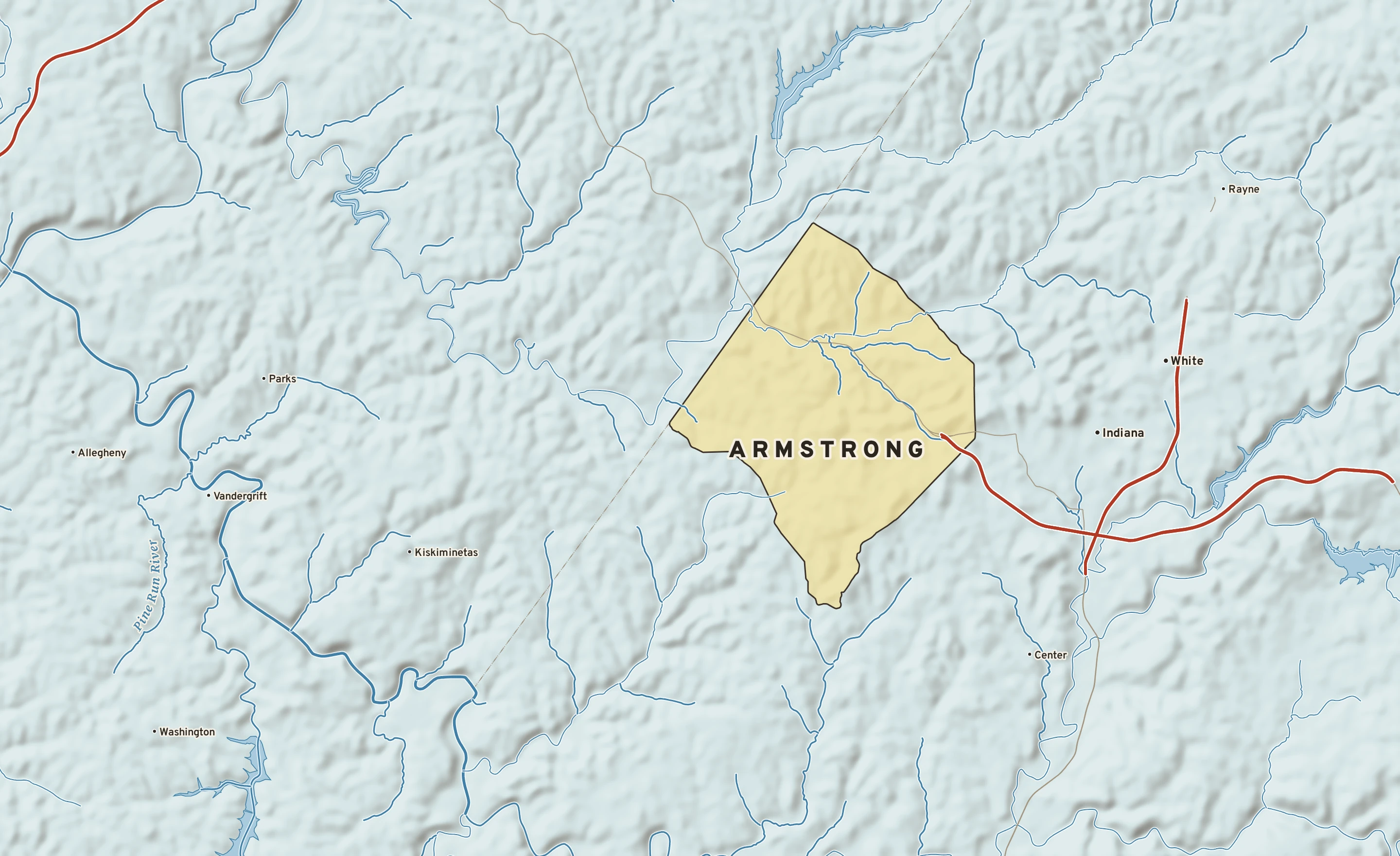 Shaded-relief atlas plate of Armstrong, Pennsylvania: rivers, roads, the city limits and where the water drains.