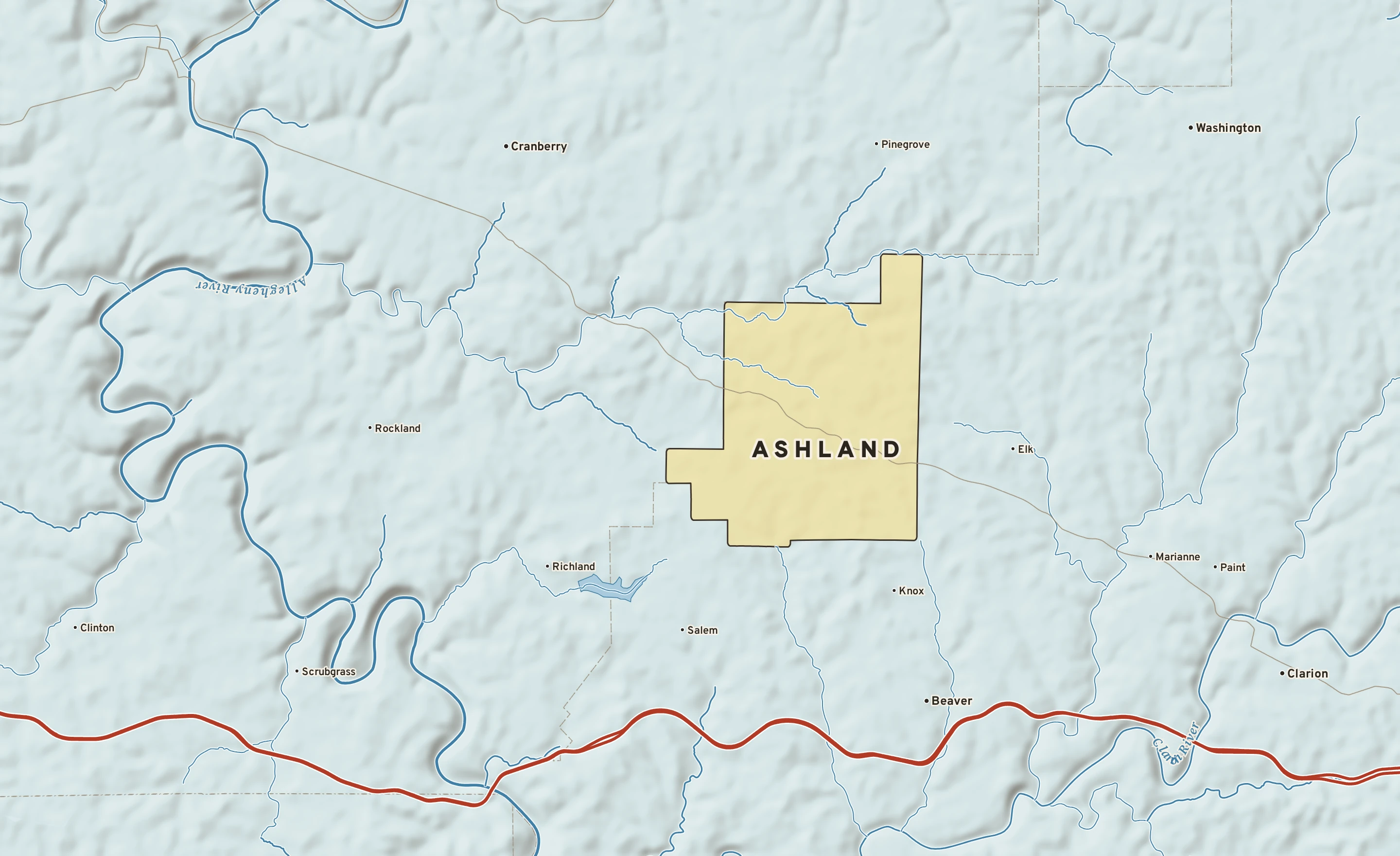 Shaded-relief atlas plate of Ashland, Pennsylvania: rivers, roads, the city limits and where the water drains.
