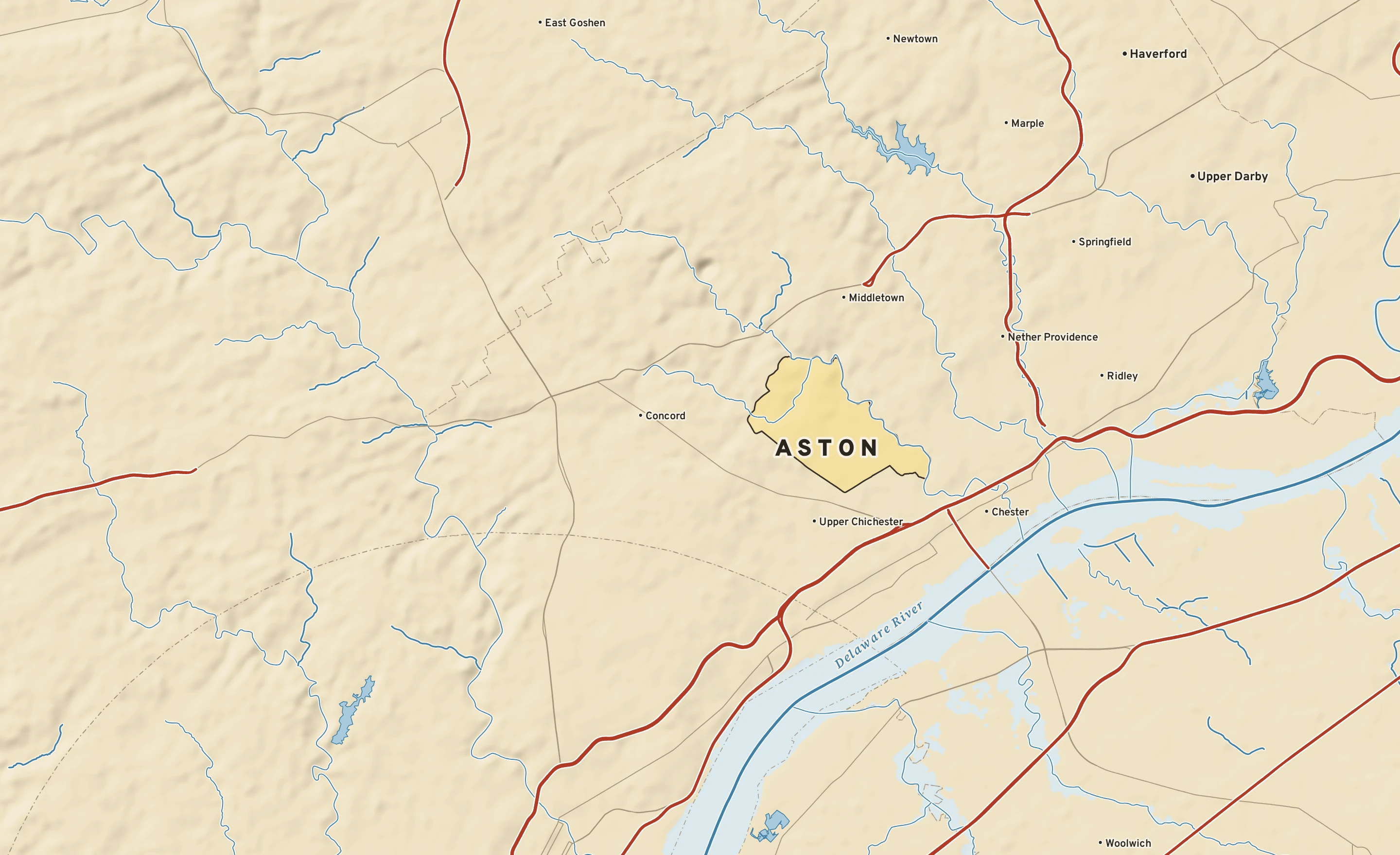 Shaded-relief atlas plate of Aston, Pennsylvania: rivers, roads, the city limits and where the water drains.