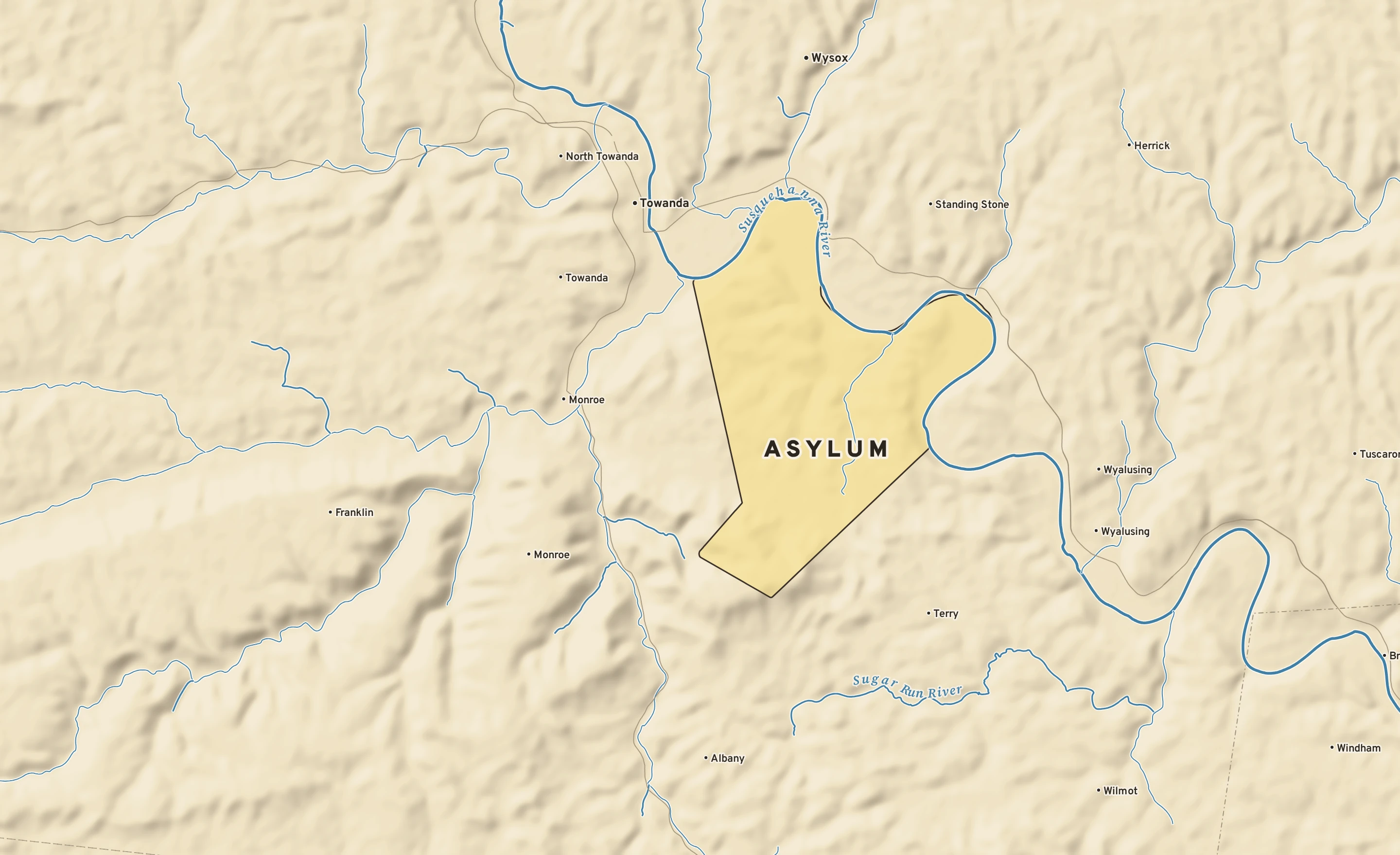 Shaded-relief atlas plate of Asylum, Pennsylvania: rivers, roads, the city limits and where the water drains.