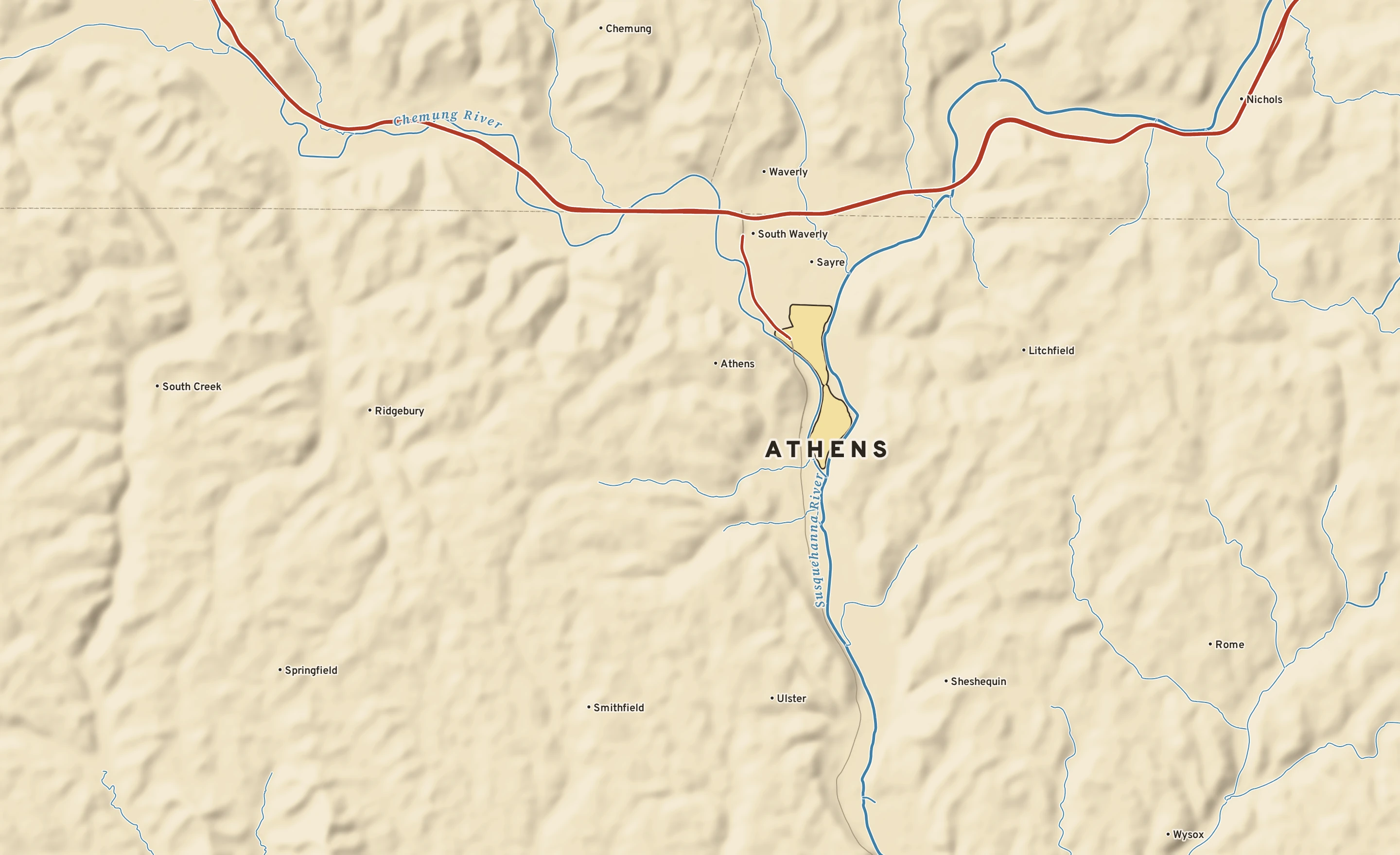 Shaded-relief atlas plate of Athens, Pennsylvania: rivers, roads, the city limits and where the water drains.