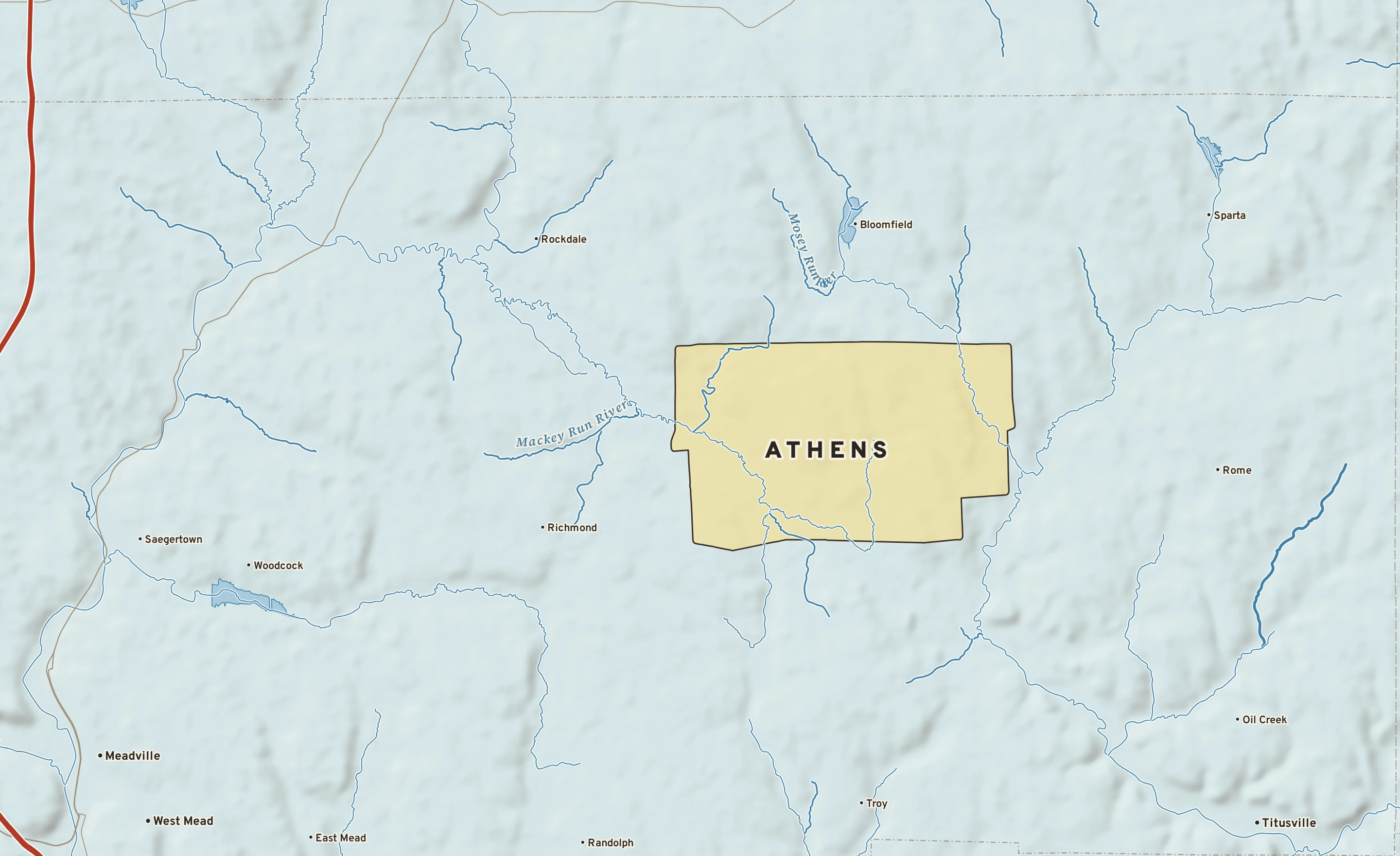 Shaded-relief atlas plate of Athens, Pennsylvania: rivers, roads, the city limits and where the water drains.