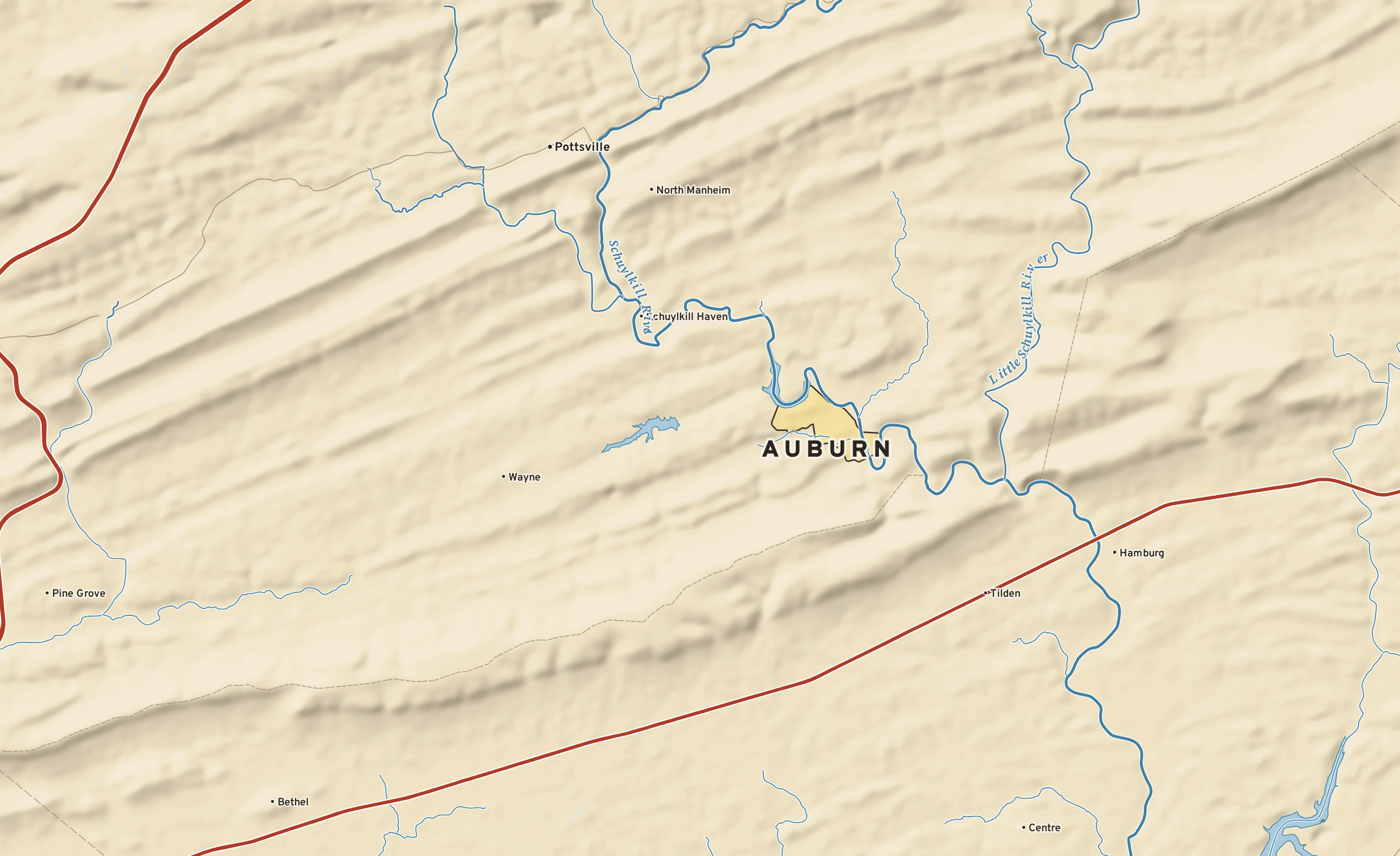 Shaded-relief atlas plate of Auburn, Pennsylvania: rivers, roads, the city limits and where the water drains.