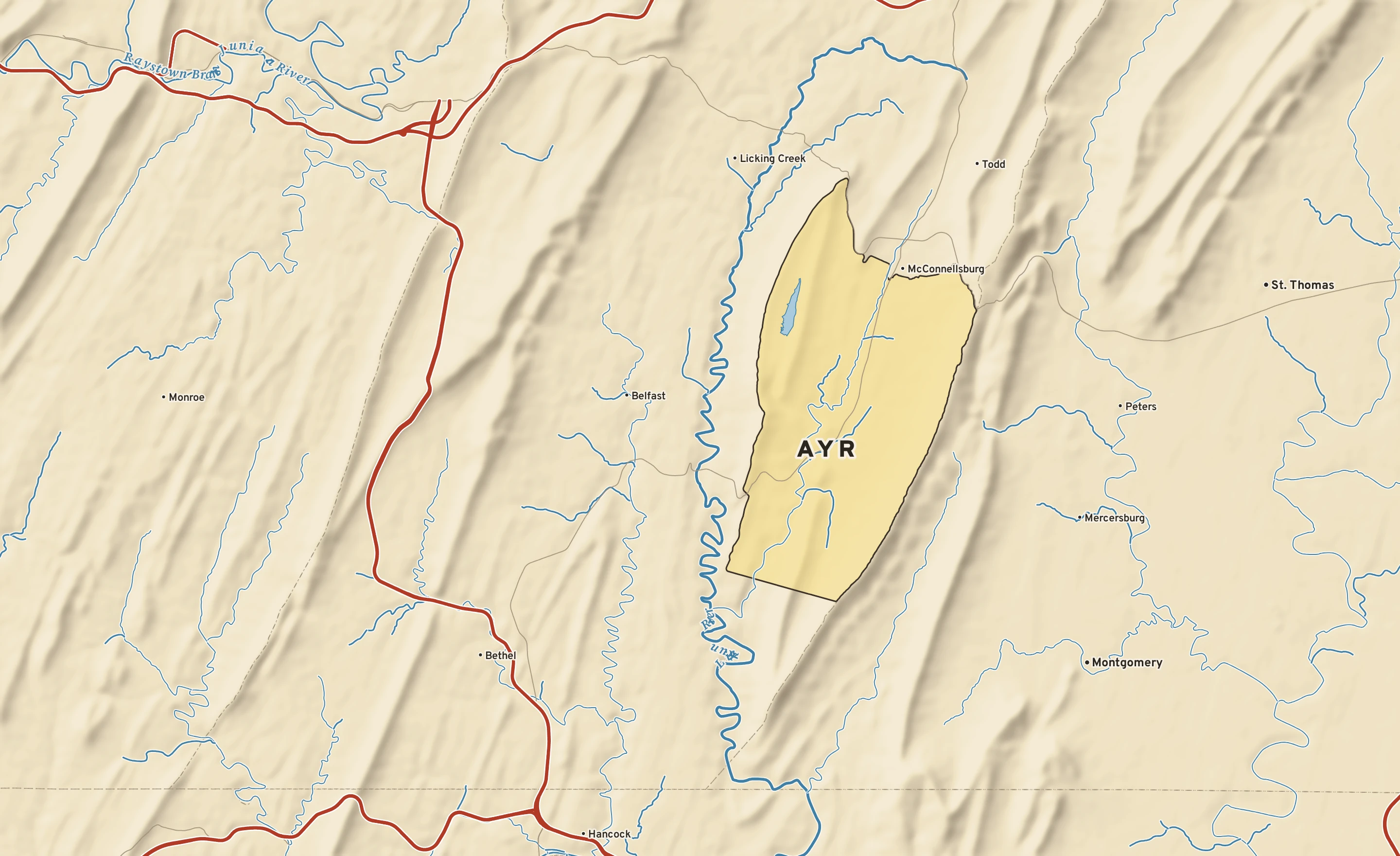 Shaded-relief atlas plate of Ayr, Pennsylvania: rivers, roads, the city limits and where the water drains.
