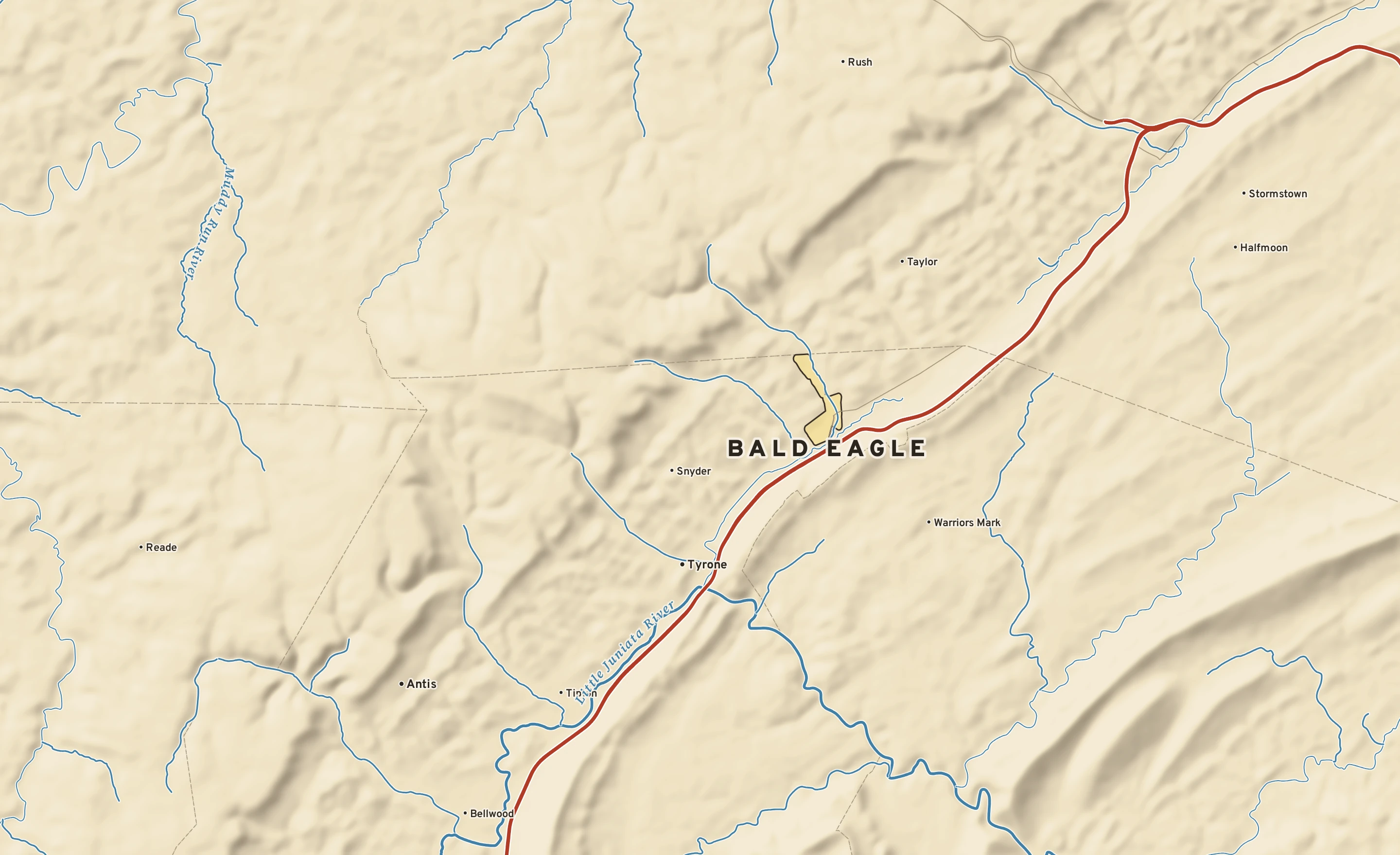 Shaded-relief atlas plate of Bald Eagle, Pennsylvania: rivers, roads, the city limits and where the water drains.