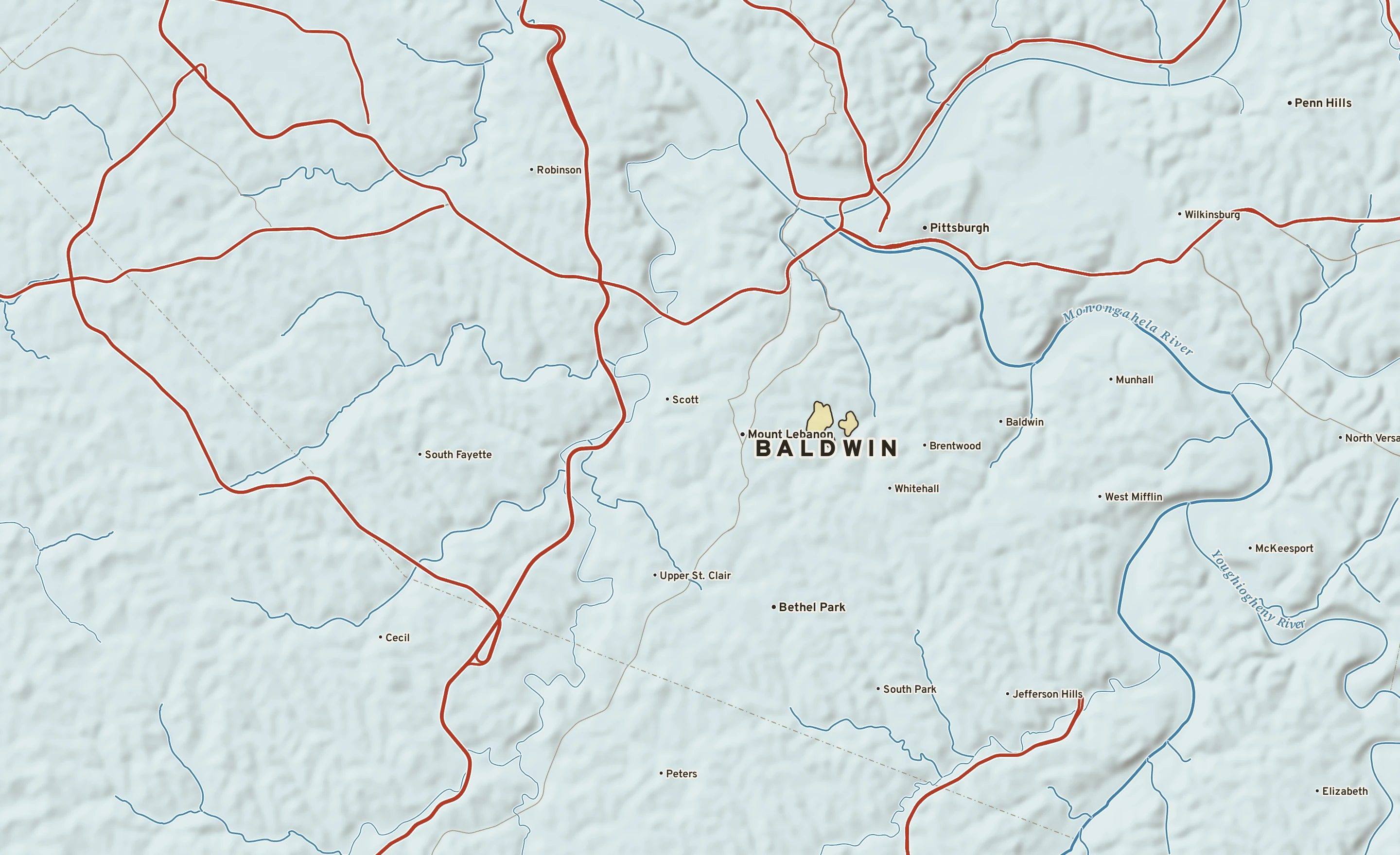 Shaded-relief atlas plate of Baldwin, Pennsylvania: rivers, roads, the city limits and where the water drains.