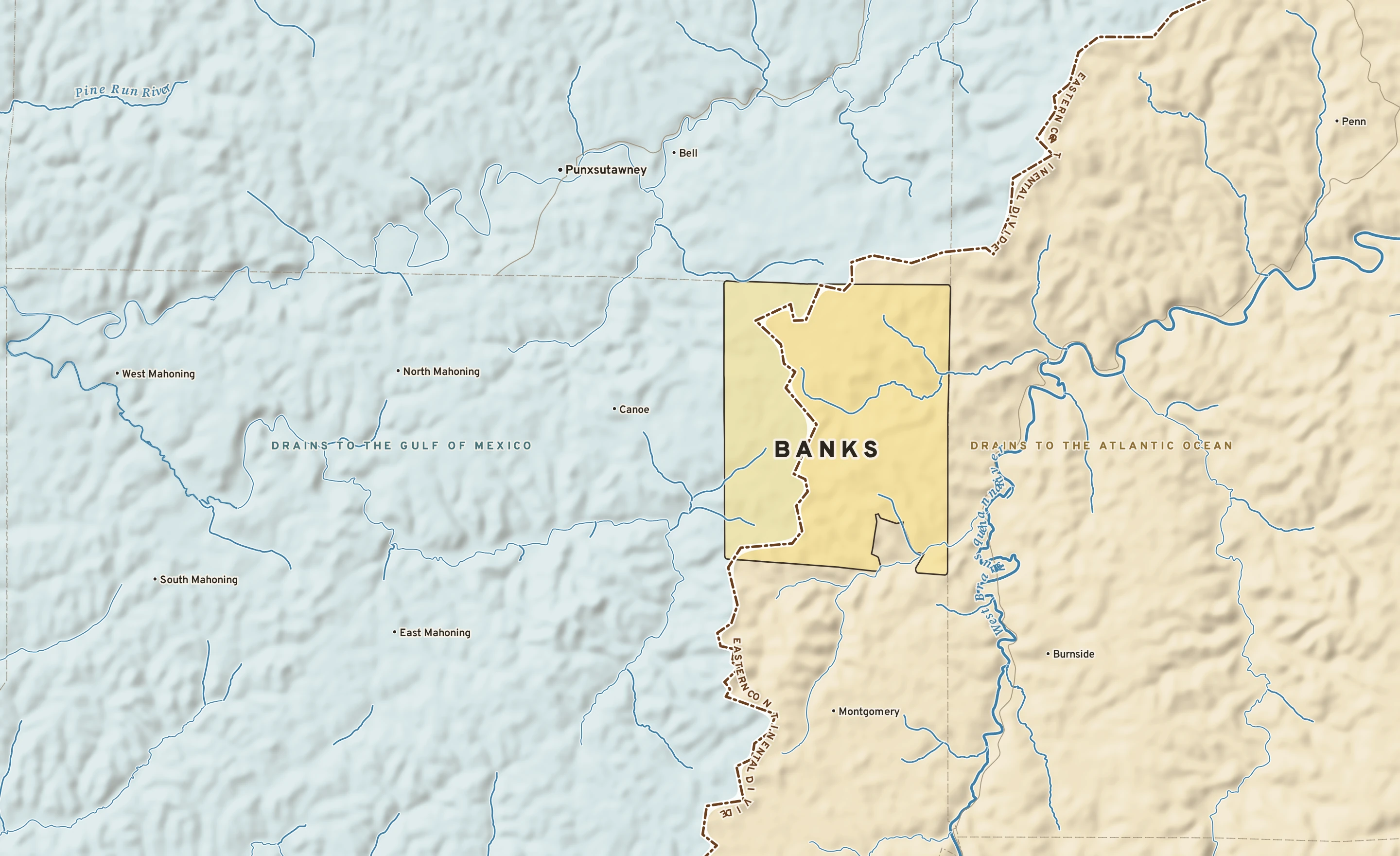 Shaded-relief atlas plate of Banks, Pennsylvania: rivers, roads, the city limits and where the water drains.