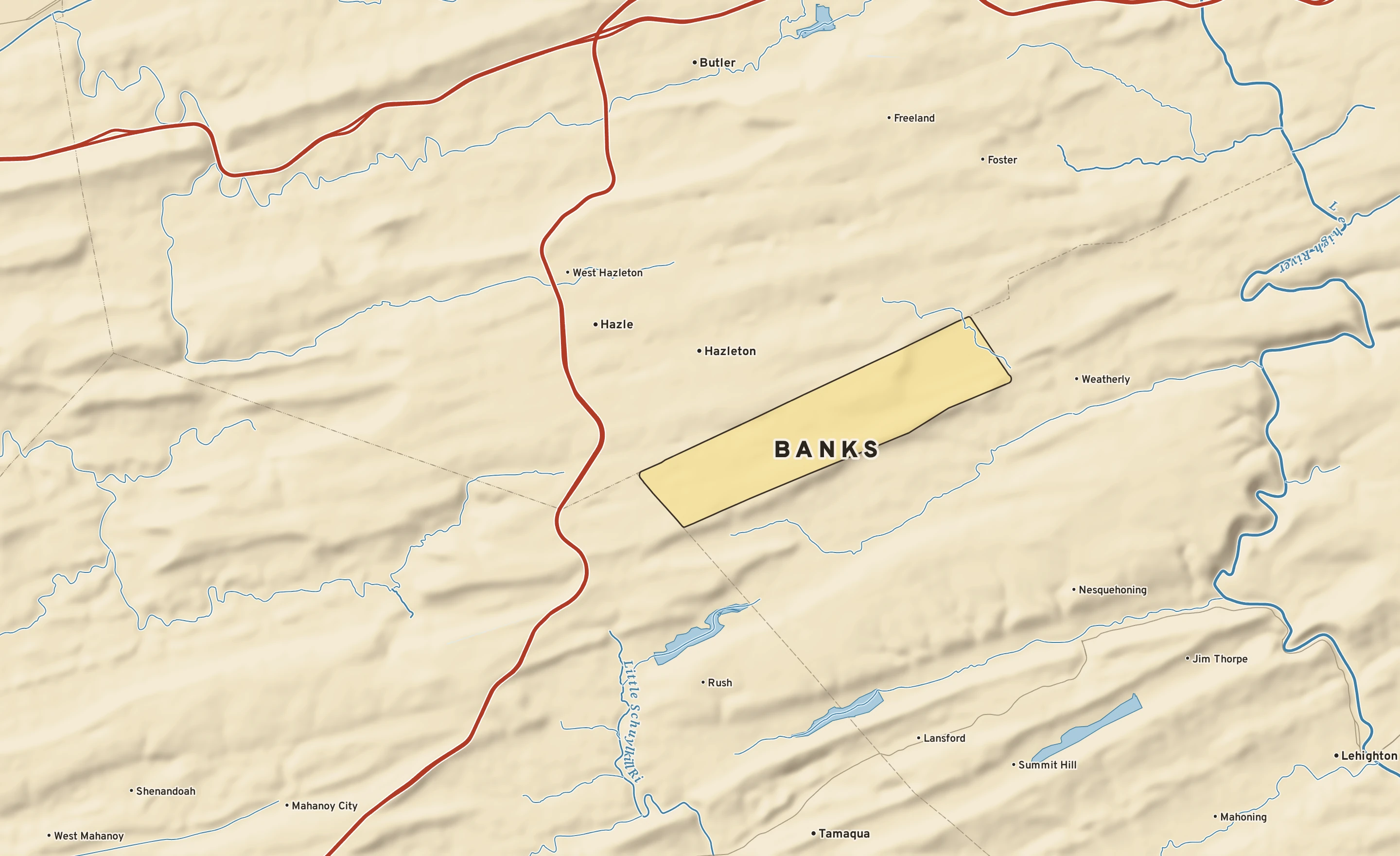 Shaded-relief atlas plate of Banks, Pennsylvania: rivers, roads, the city limits and where the water drains.