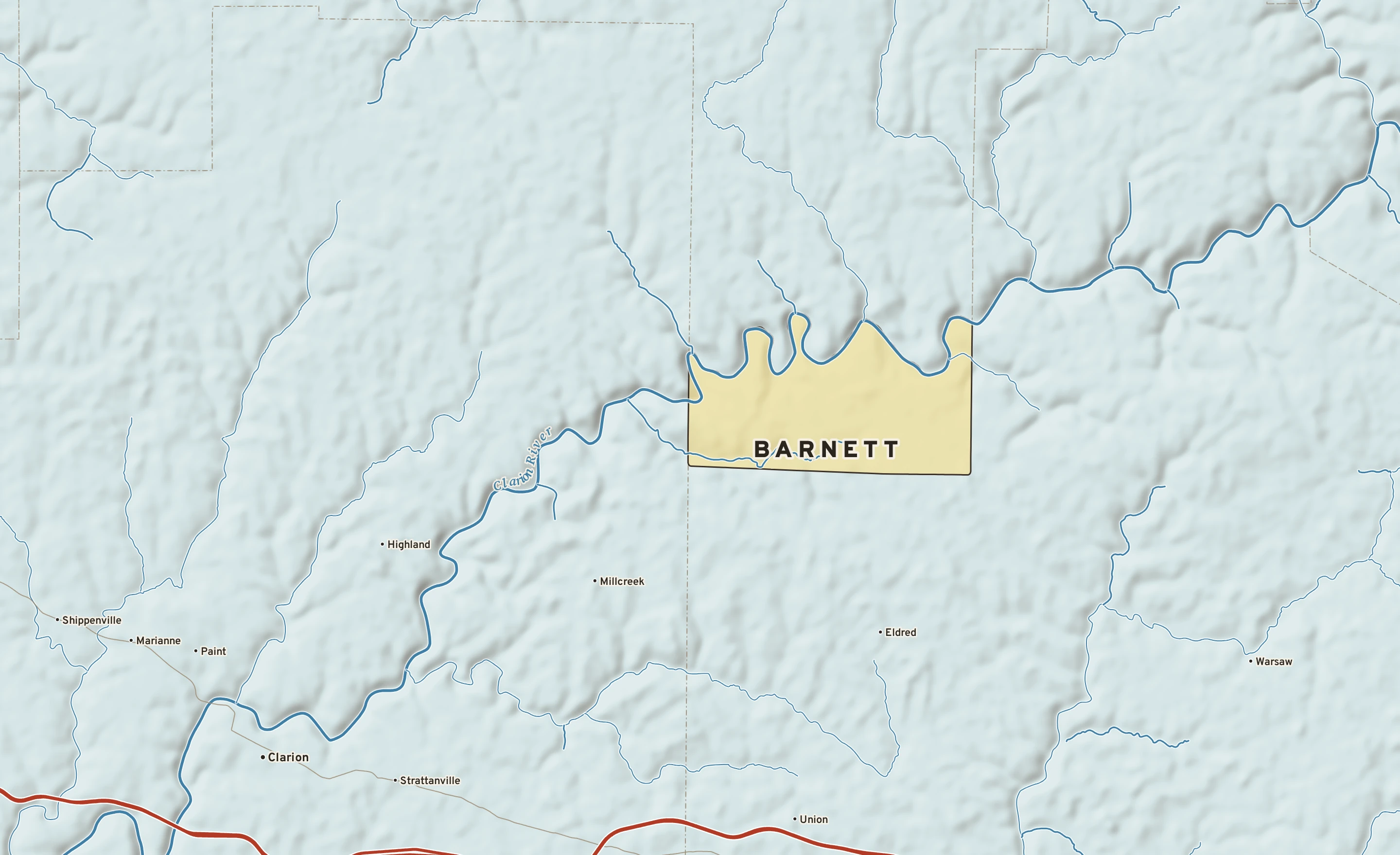 Shaded-relief atlas plate of Barnett, Pennsylvania: rivers, roads, the city limits and where the water drains.
