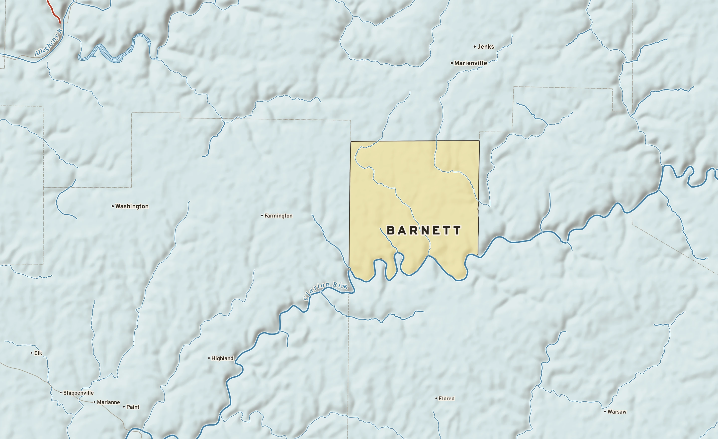 Shaded-relief atlas plate of Barnett, Pennsylvania: rivers, roads, the city limits and where the water drains.