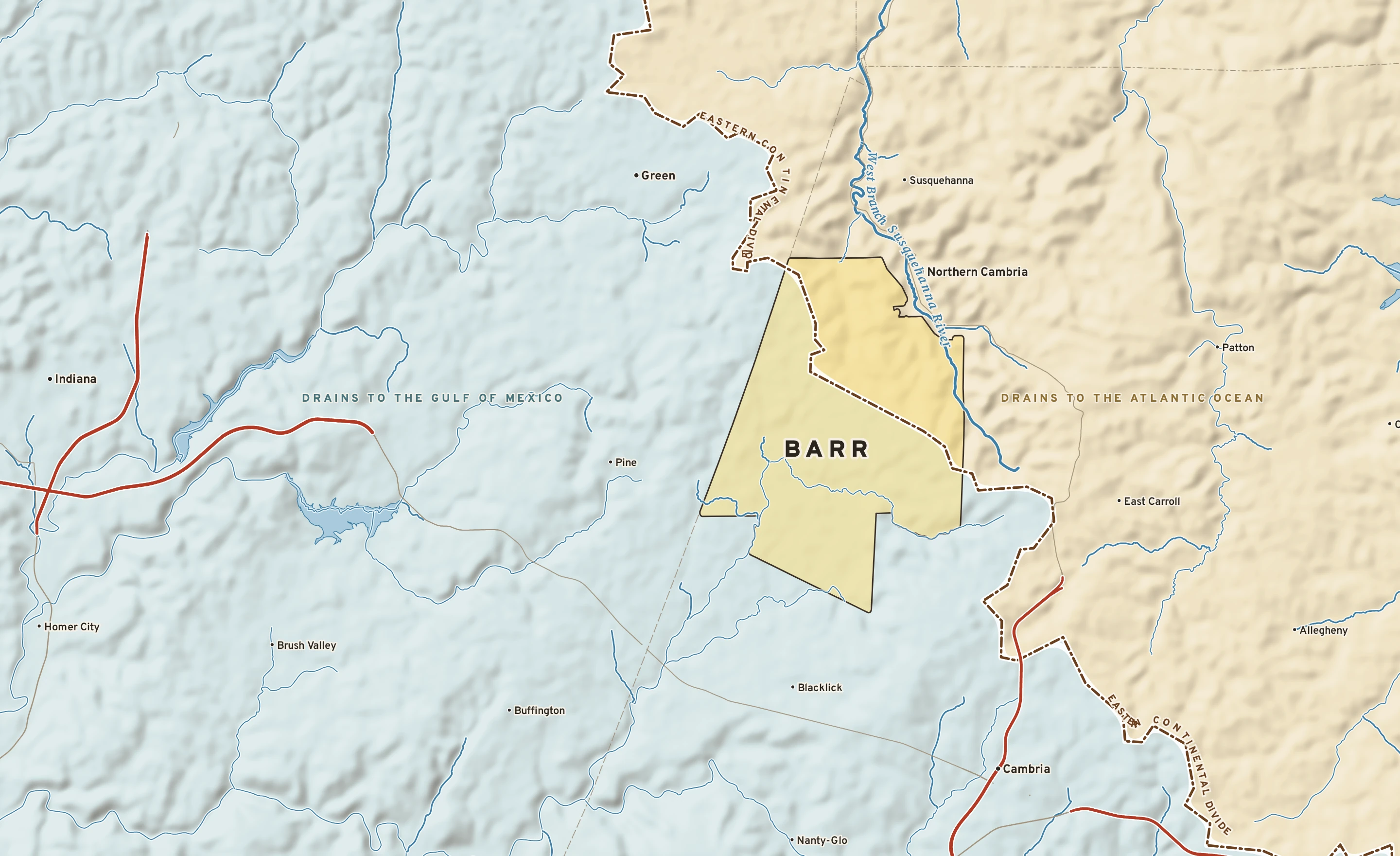 Shaded-relief atlas plate of Barr, Pennsylvania: rivers, roads, the city limits and where the water drains.