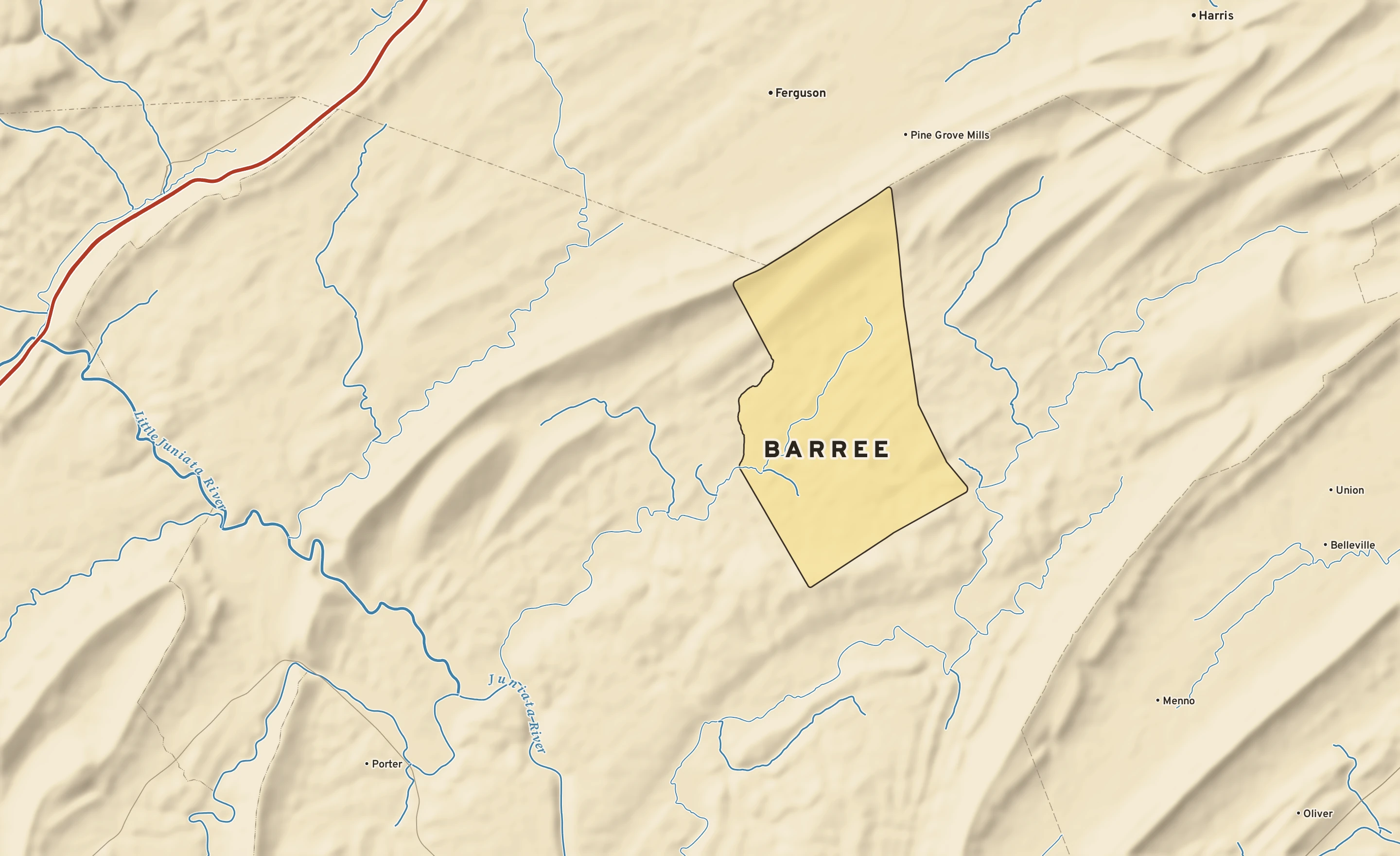 Shaded-relief atlas plate of Barree, Pennsylvania: rivers, roads, the city limits and where the water drains.
