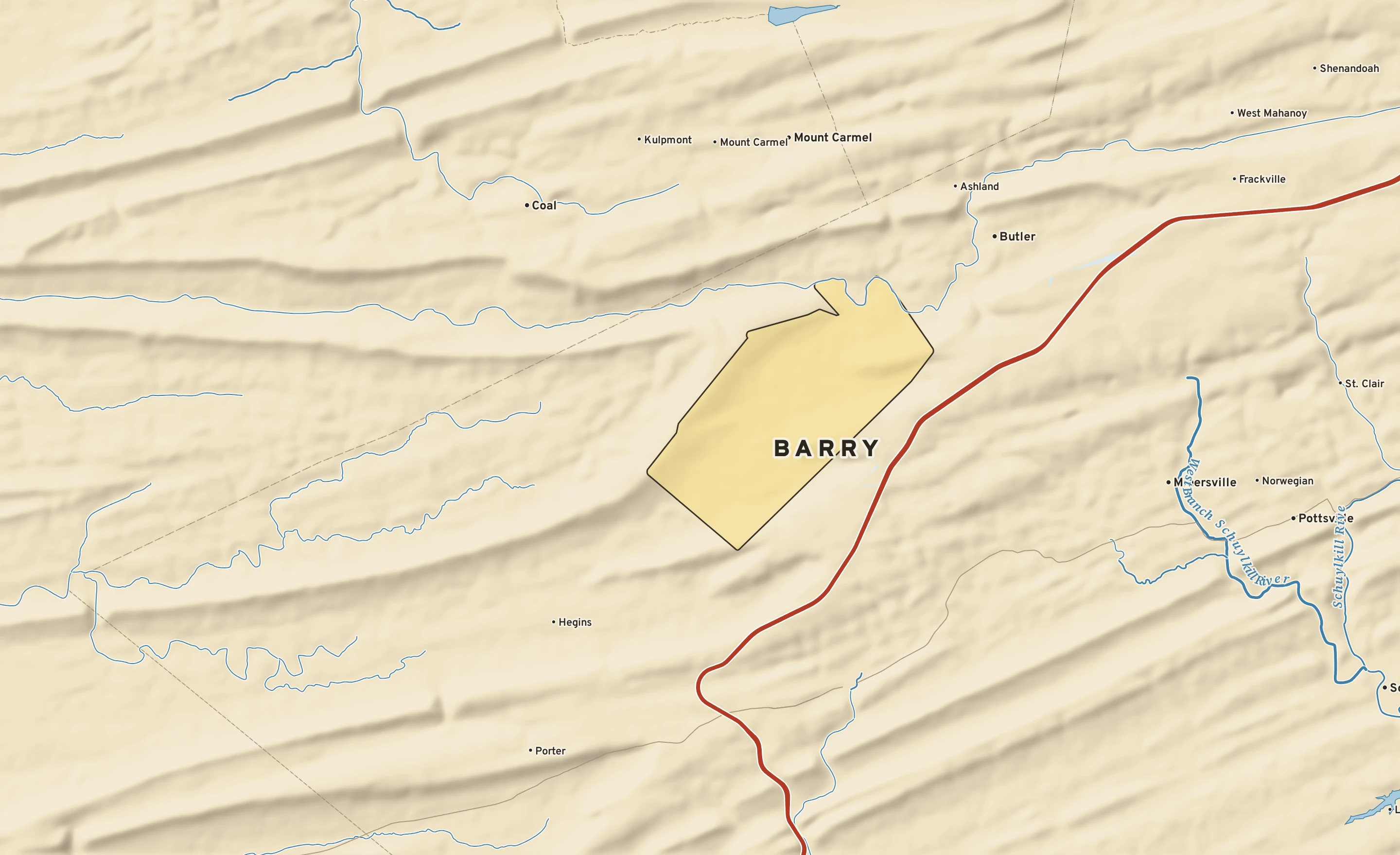 Shaded-relief atlas plate of Barry, Pennsylvania: rivers, roads, the city limits and where the water drains.