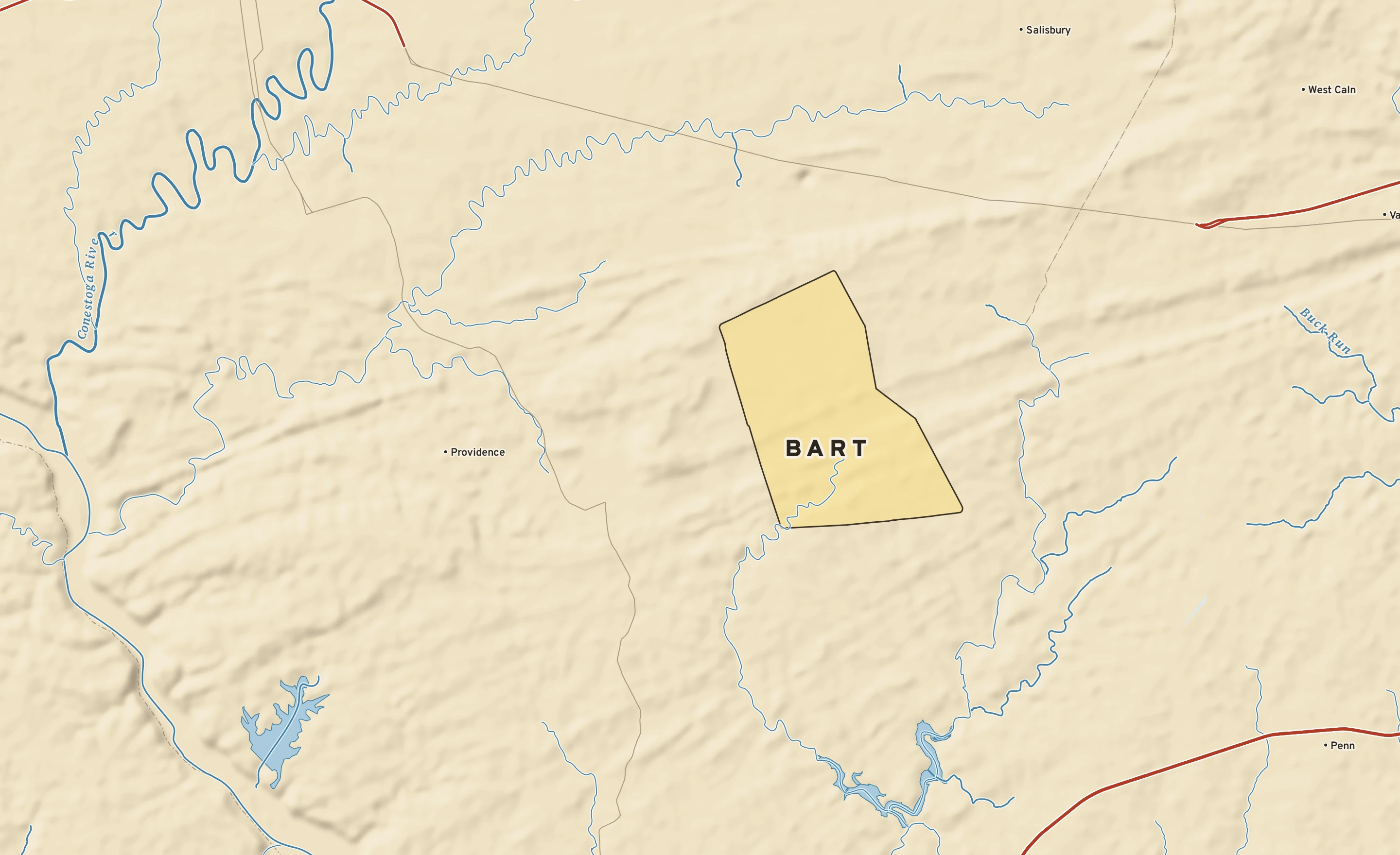 Shaded-relief atlas plate of Bart, Pennsylvania: rivers, roads, the city limits and where the water drains.