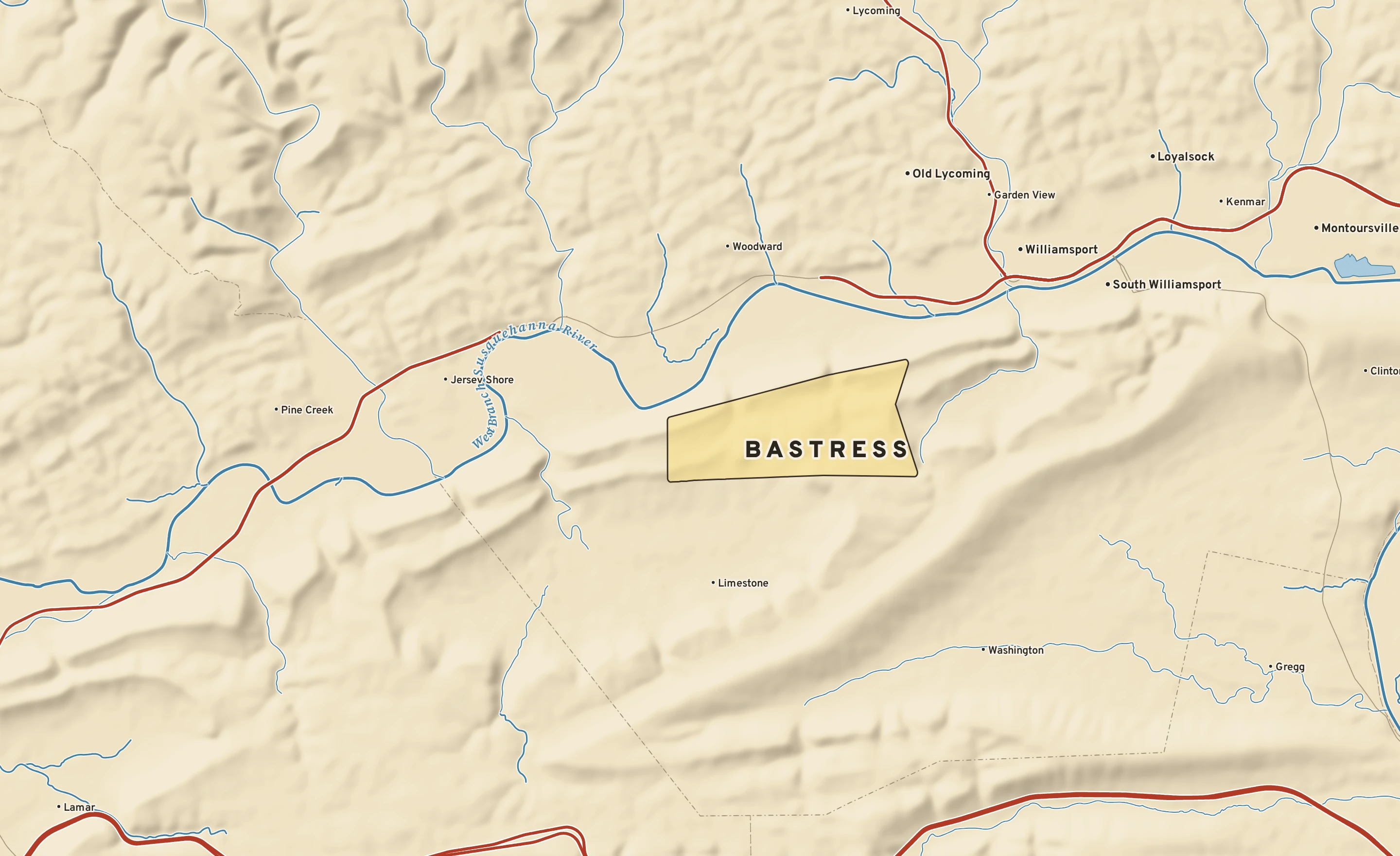 Shaded-relief atlas plate of Bastress, Pennsylvania: rivers, roads, the city limits and where the water drains.