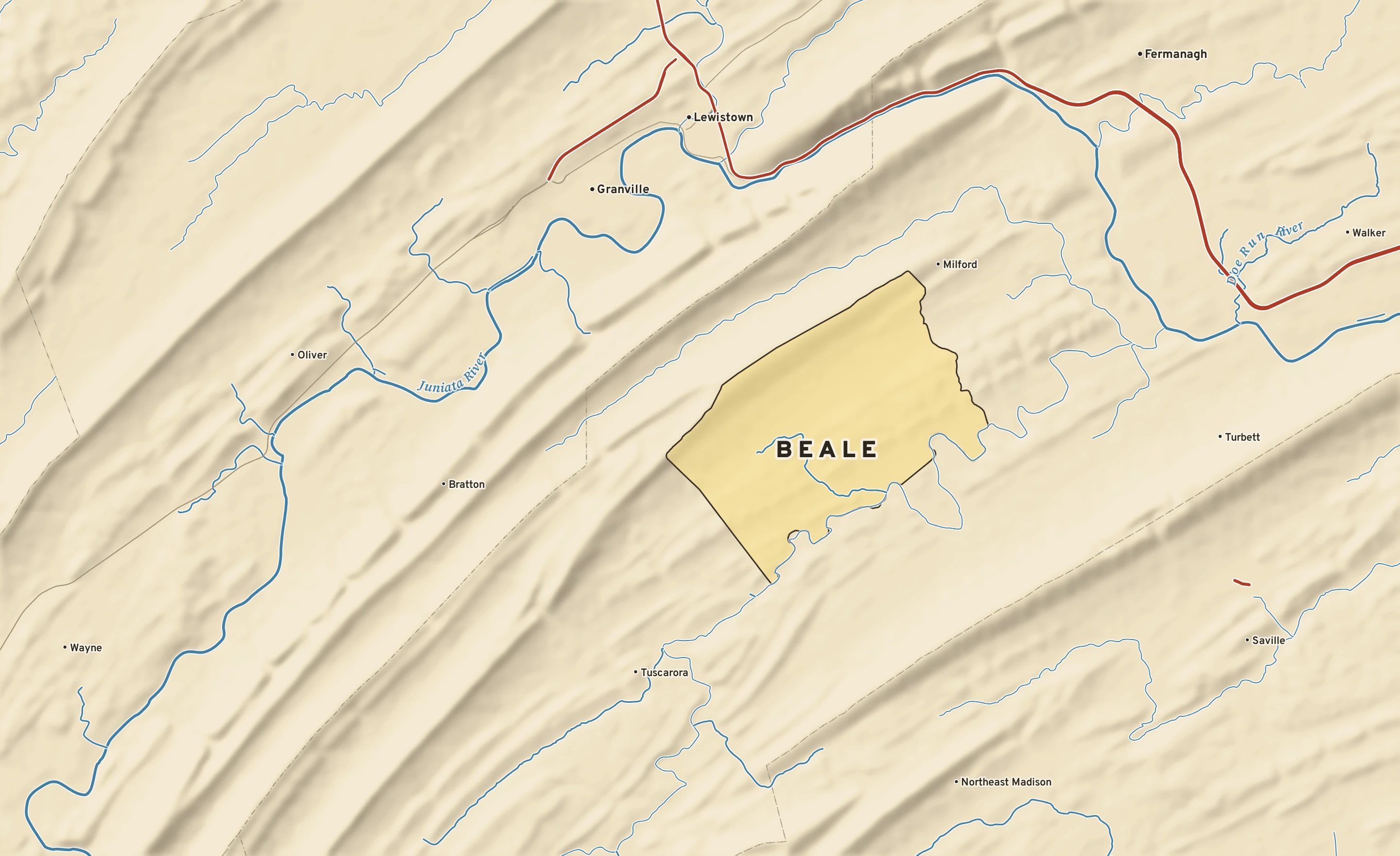 Shaded-relief atlas plate of Beale, Pennsylvania: rivers, roads, the city limits and where the water drains.