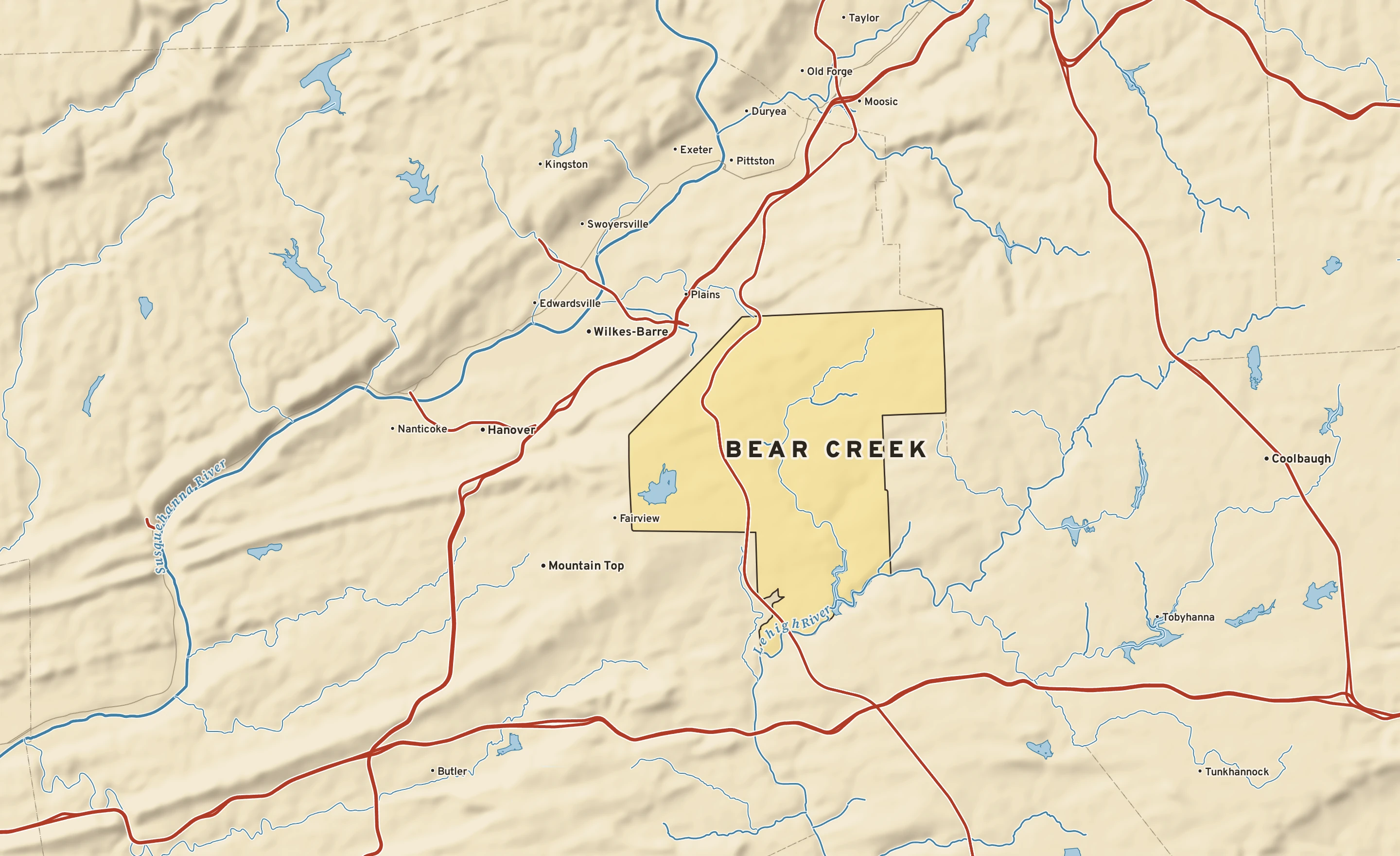 Shaded-relief atlas plate of Bear Creek, Pennsylvania: rivers, roads, the city limits and where the water drains.