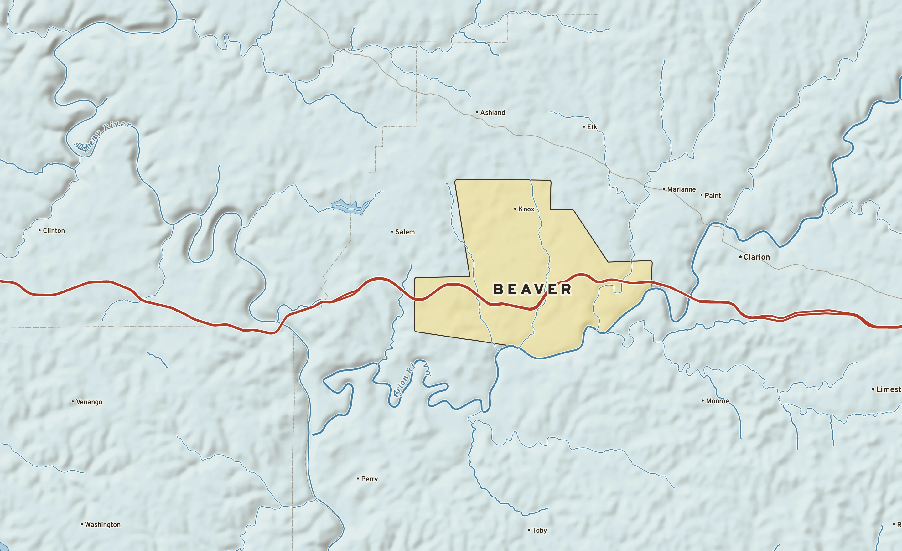 Shaded-relief atlas plate of Beaver, Pennsylvania: rivers, roads, the city limits and where the water drains.