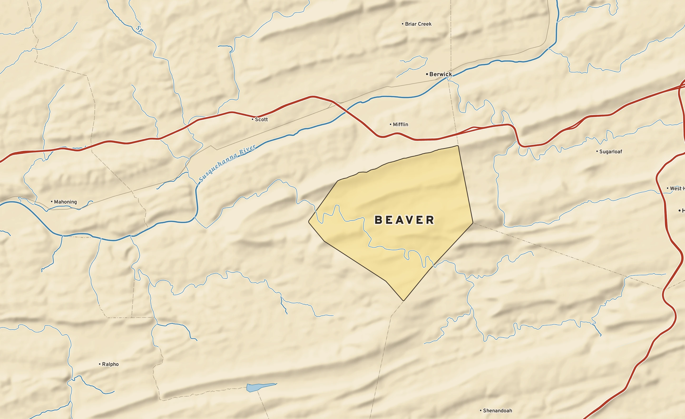 Shaded-relief atlas plate of Beaver, Pennsylvania: rivers, roads, the city limits and where the water drains.