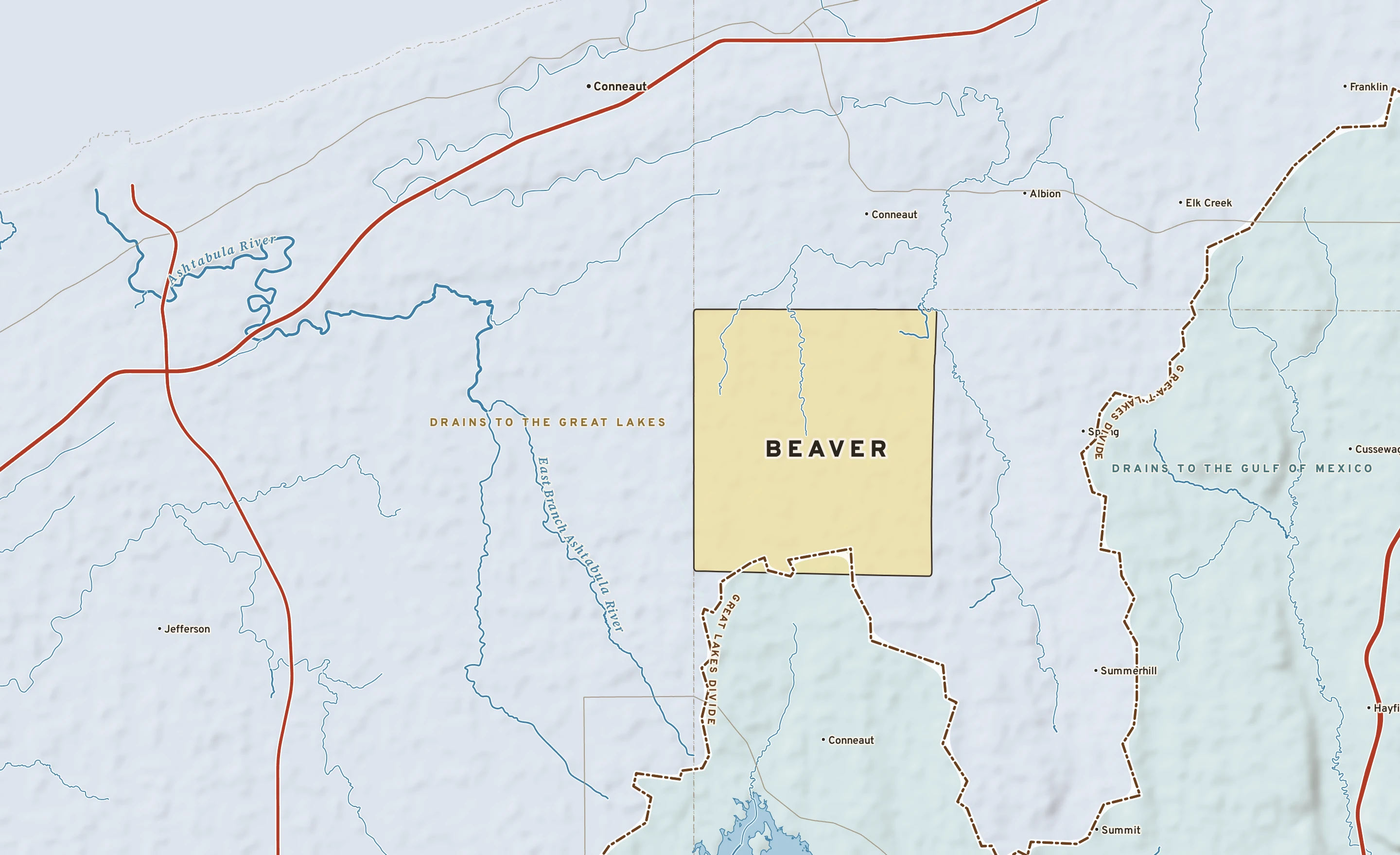 Shaded-relief atlas plate of Beaver, Pennsylvania: rivers, roads, the city limits and where the water drains.