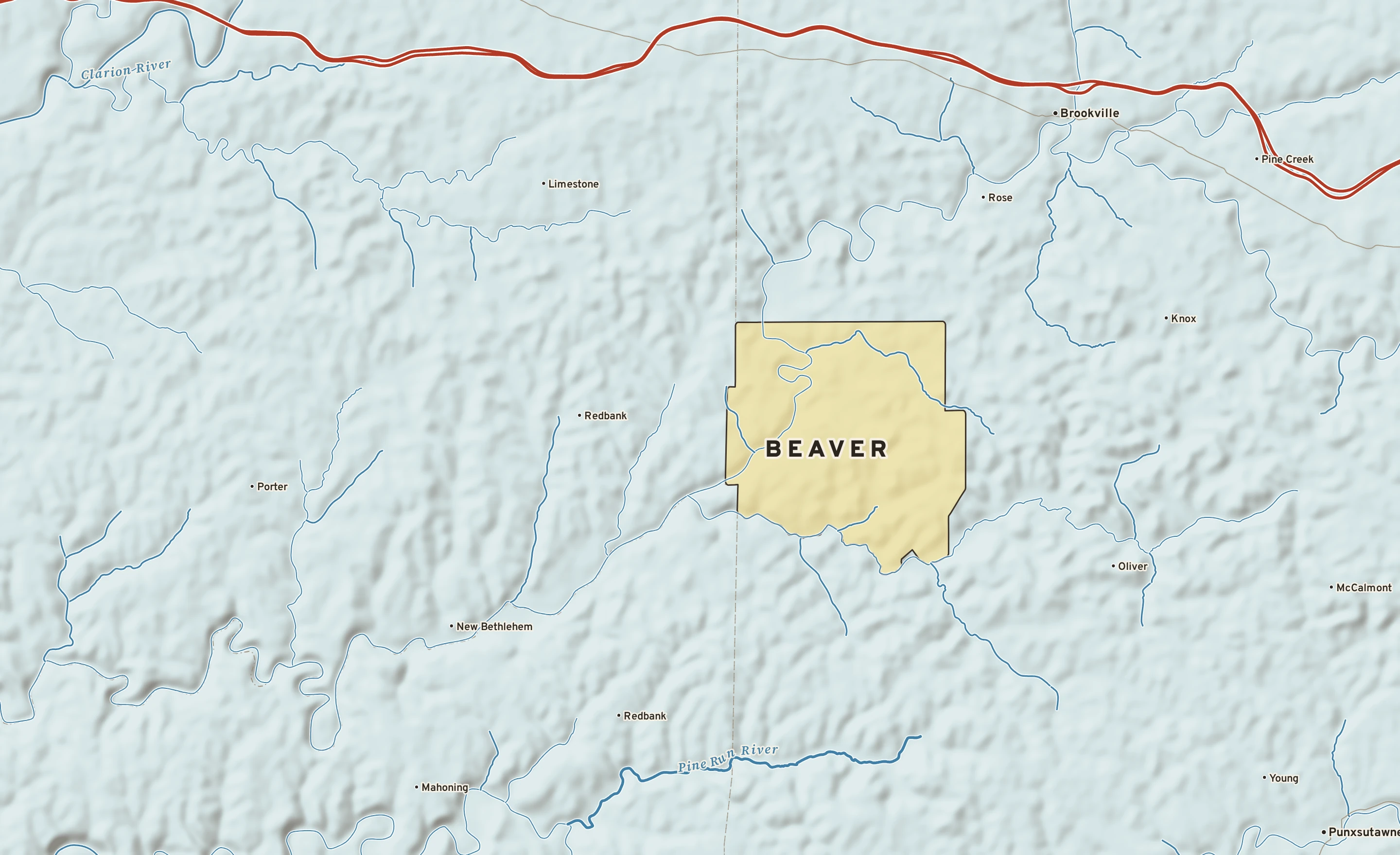 Shaded-relief atlas plate of Beaver, Pennsylvania: rivers, roads, the city limits and where the water drains.