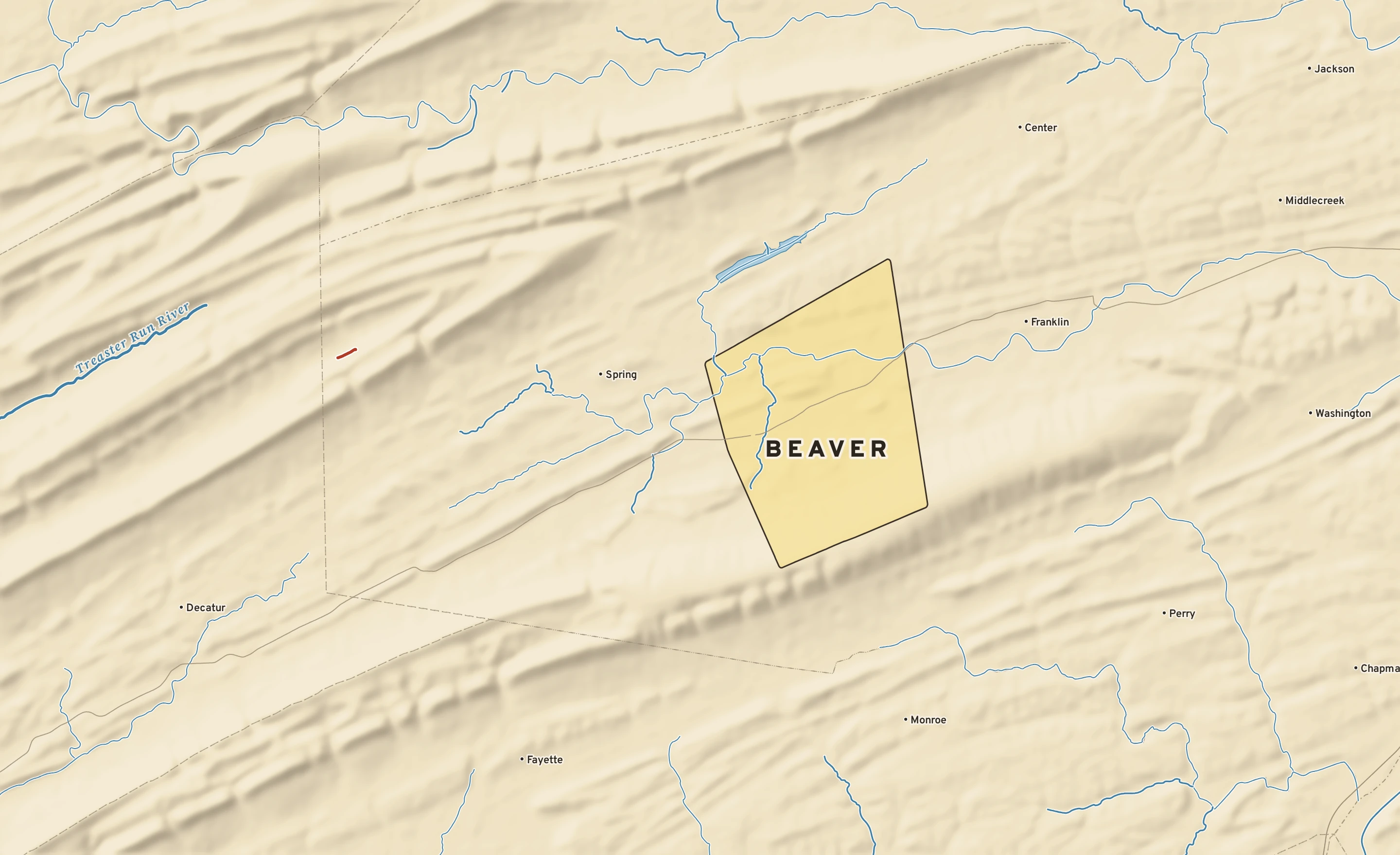 Shaded-relief atlas plate of Beaver, Pennsylvania: rivers, roads, the city limits and where the water drains.