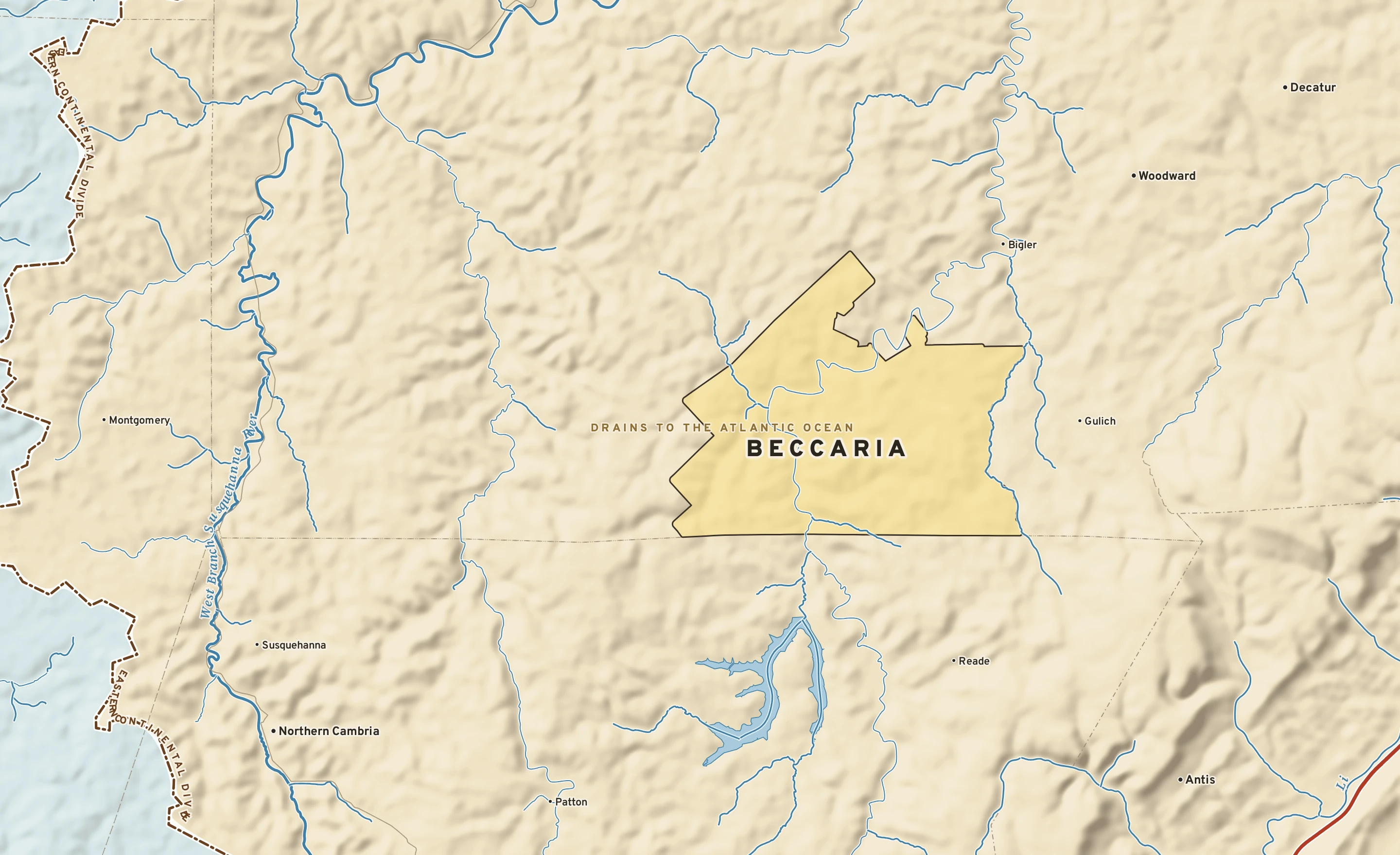 Shaded-relief atlas plate of Beccaria, Pennsylvania: rivers, roads, the city limits and where the water drains.