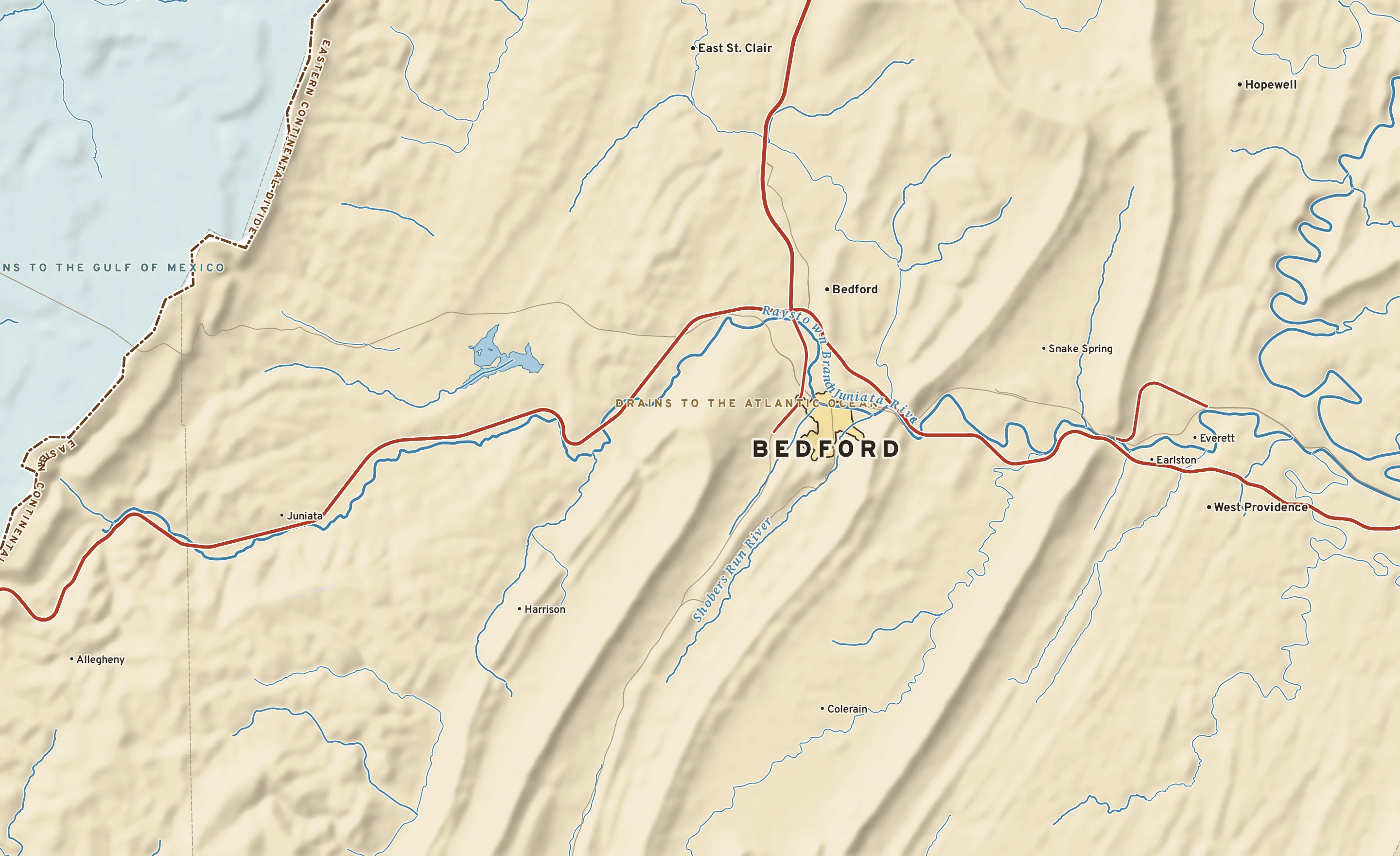 Shaded-relief atlas plate of Bedford, Pennsylvania: rivers, roads, the city limits and where the water drains.