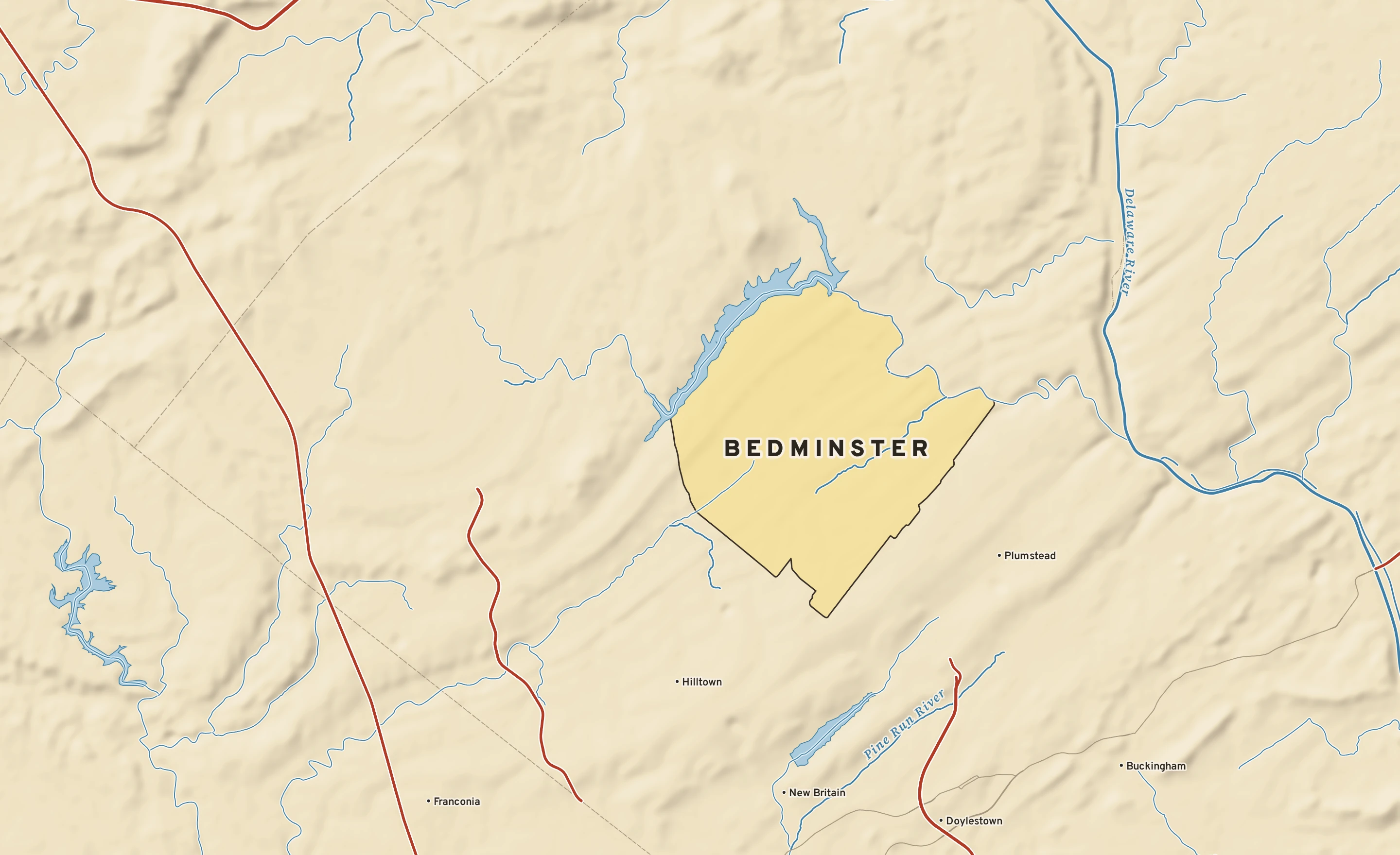 Shaded-relief atlas plate of Bedminster, Pennsylvania: rivers, roads, the city limits and where the water drains.