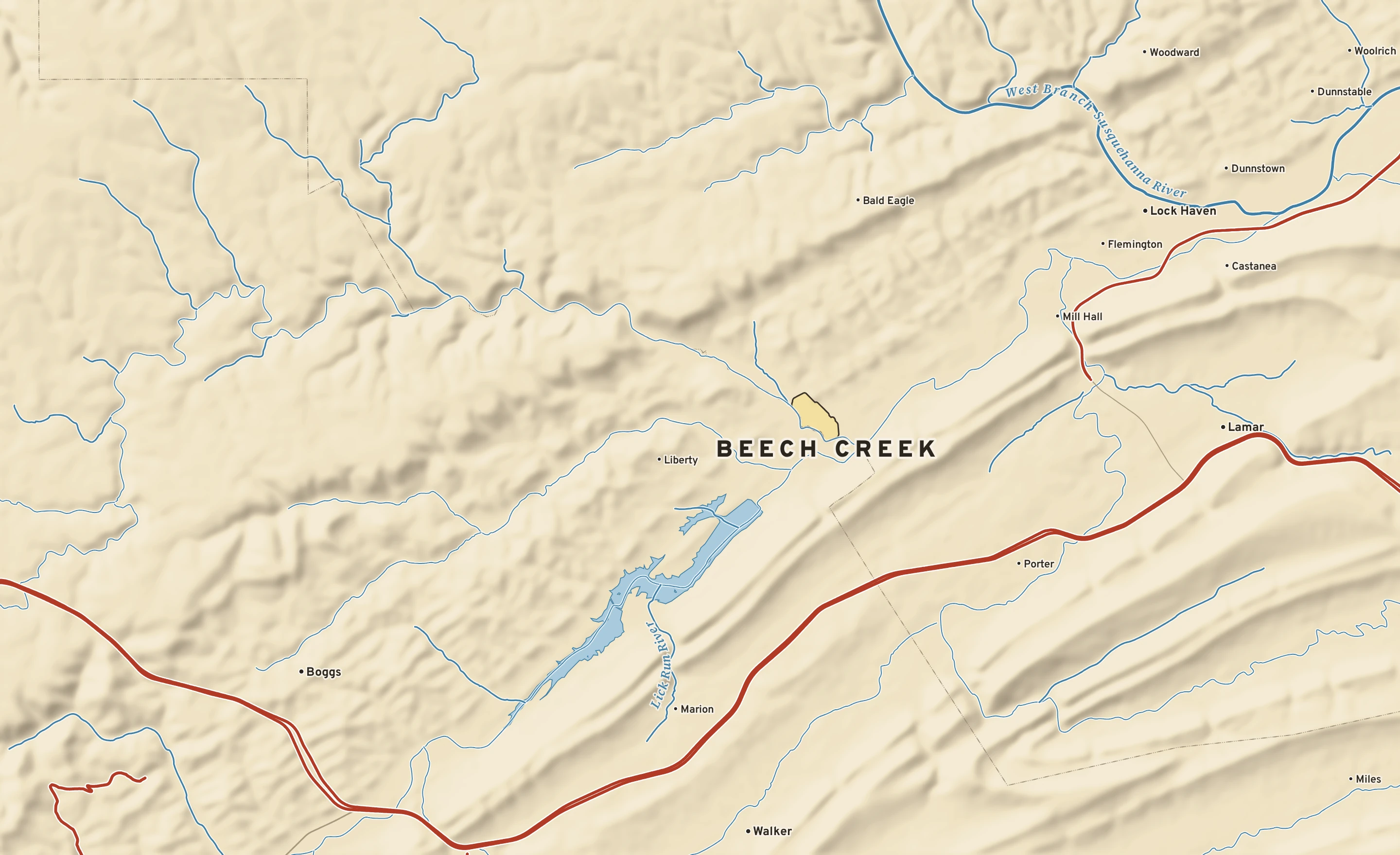 Shaded-relief atlas plate of Beech Creek, Pennsylvania: rivers, roads, the city limits and where the water drains.