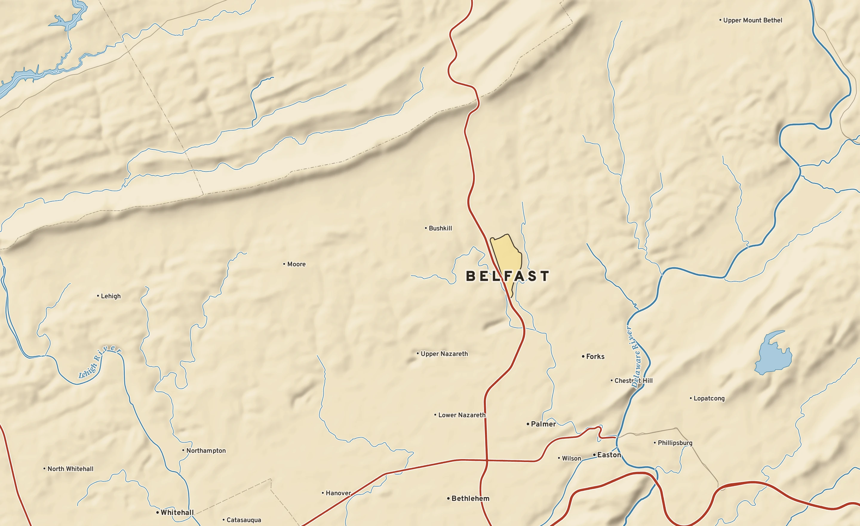 Shaded-relief atlas plate of Belfast, Pennsylvania: rivers, roads, the city limits and where the water drains.