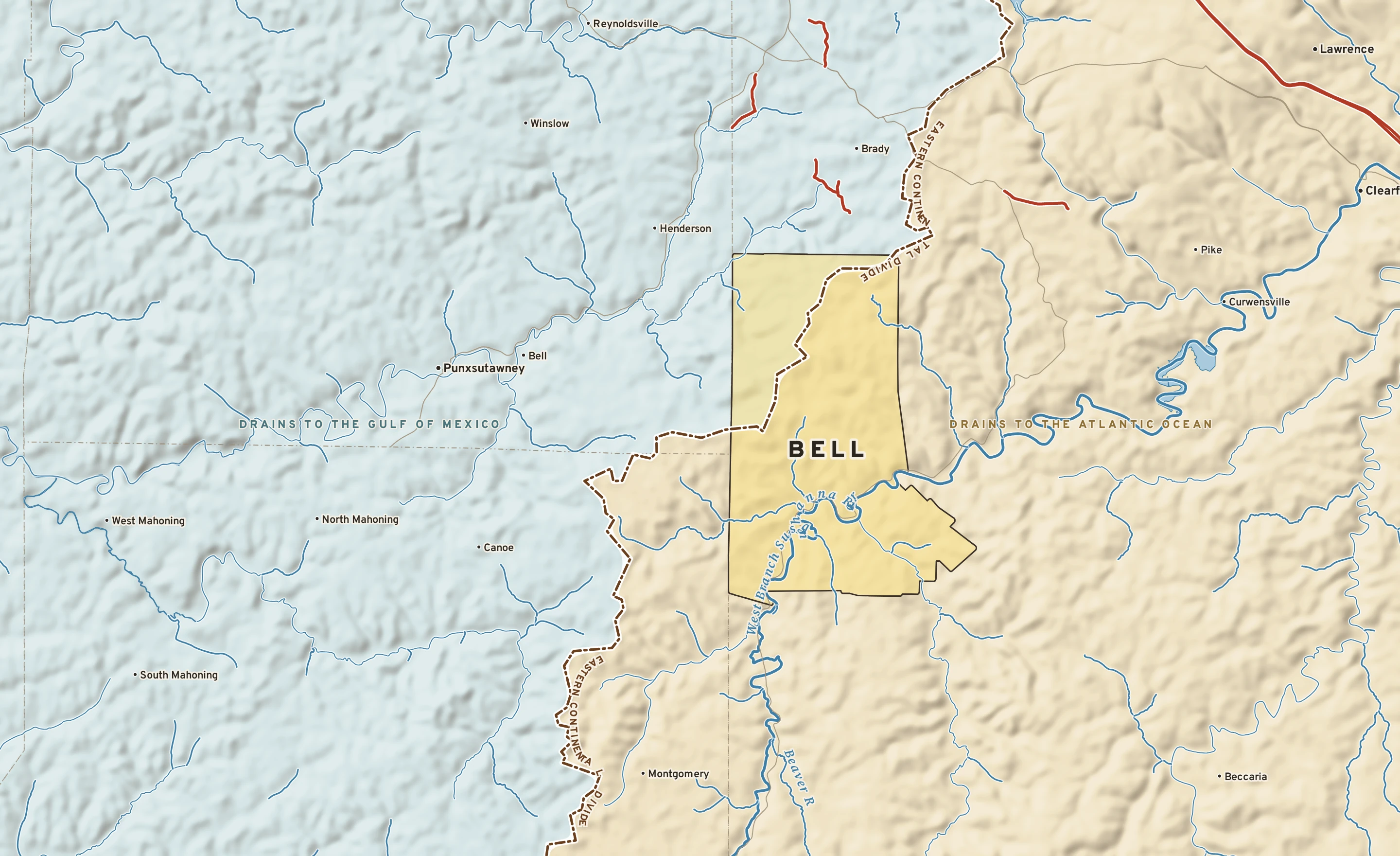 Shaded-relief atlas plate of Bell, Pennsylvania: rivers, roads, the city limits and where the water drains.
