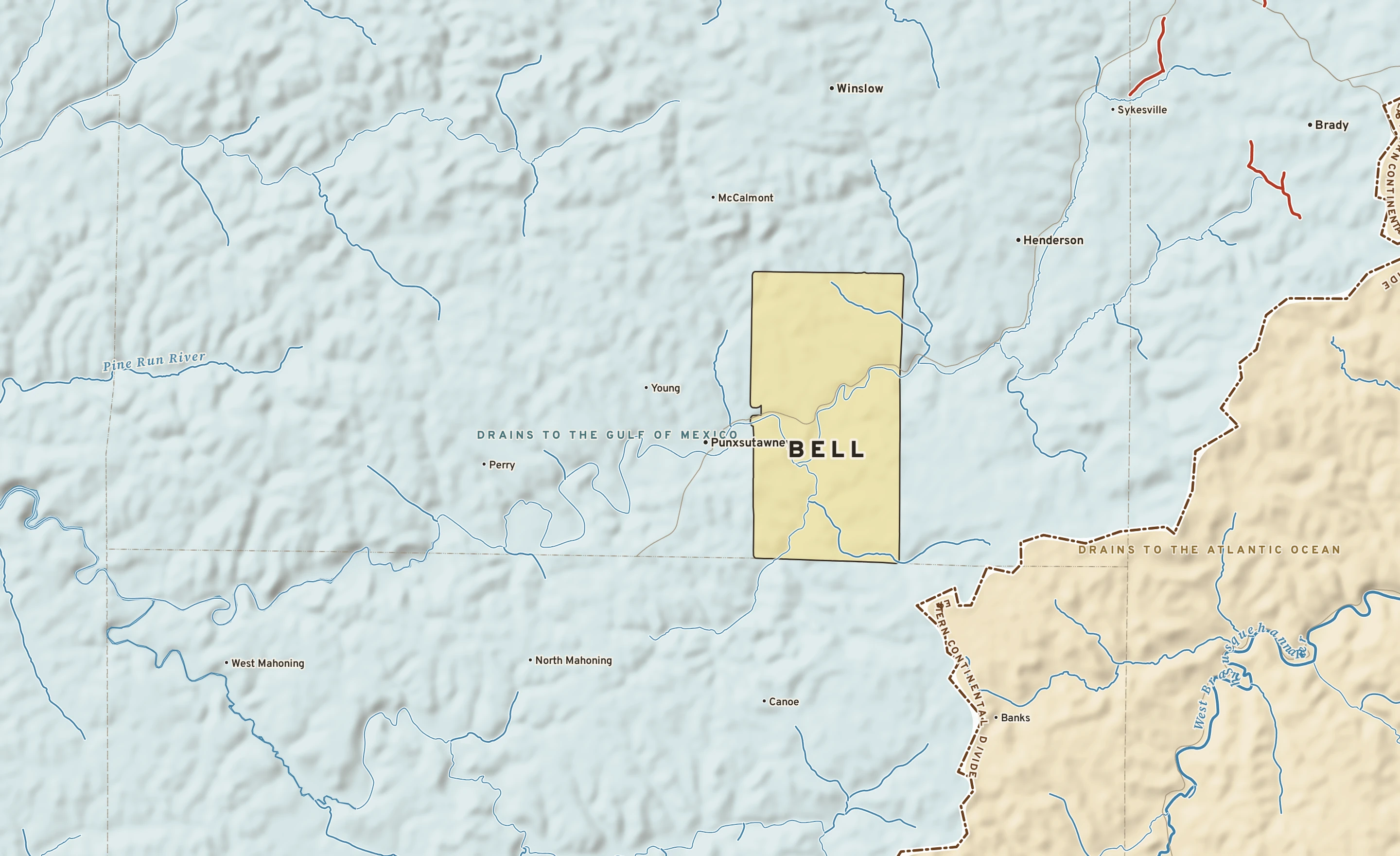 Shaded-relief atlas plate of Bell, Pennsylvania: rivers, roads, the city limits and where the water drains.