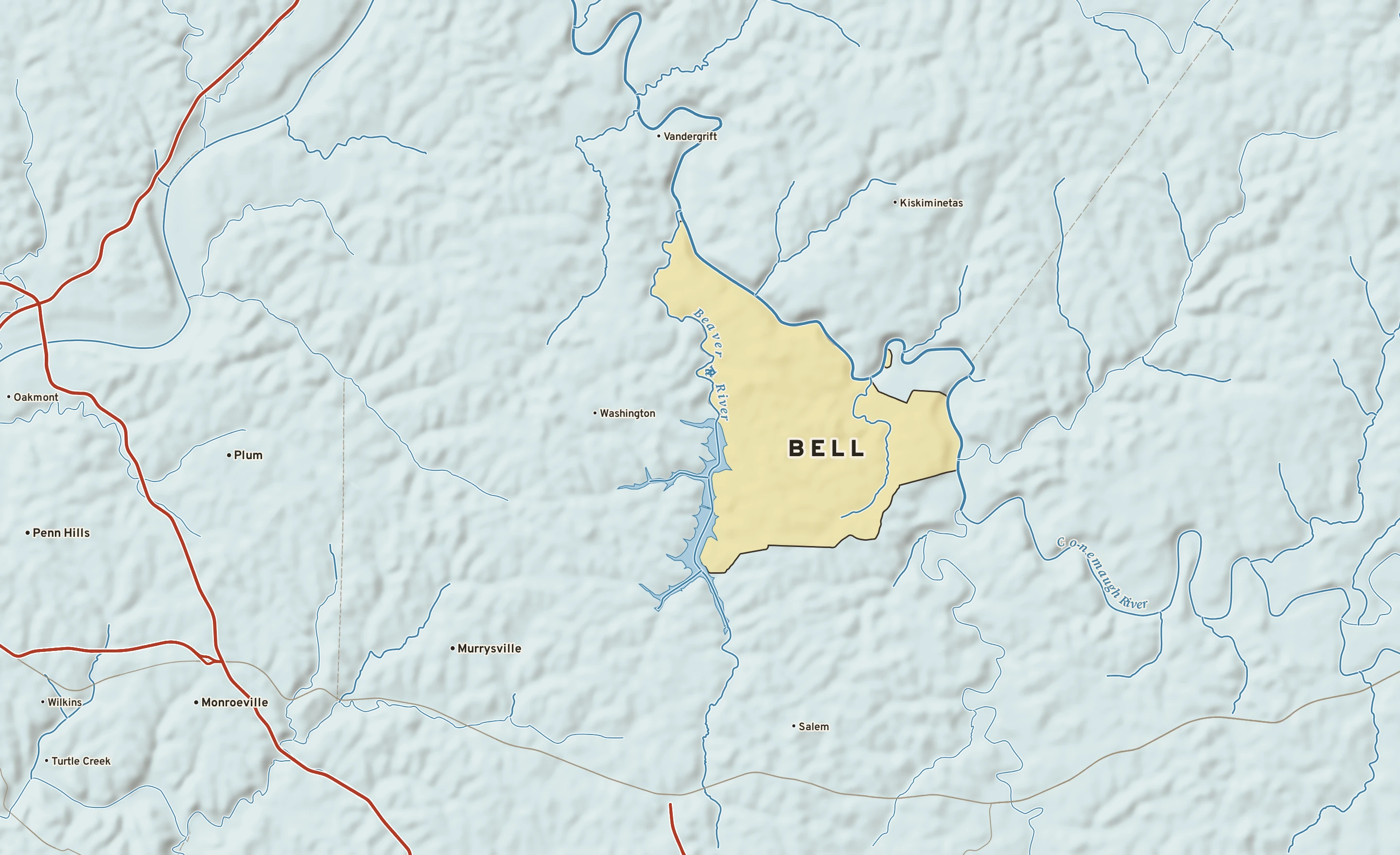 Shaded-relief atlas plate of Bell, Pennsylvania: rivers, roads, the city limits and where the water drains.