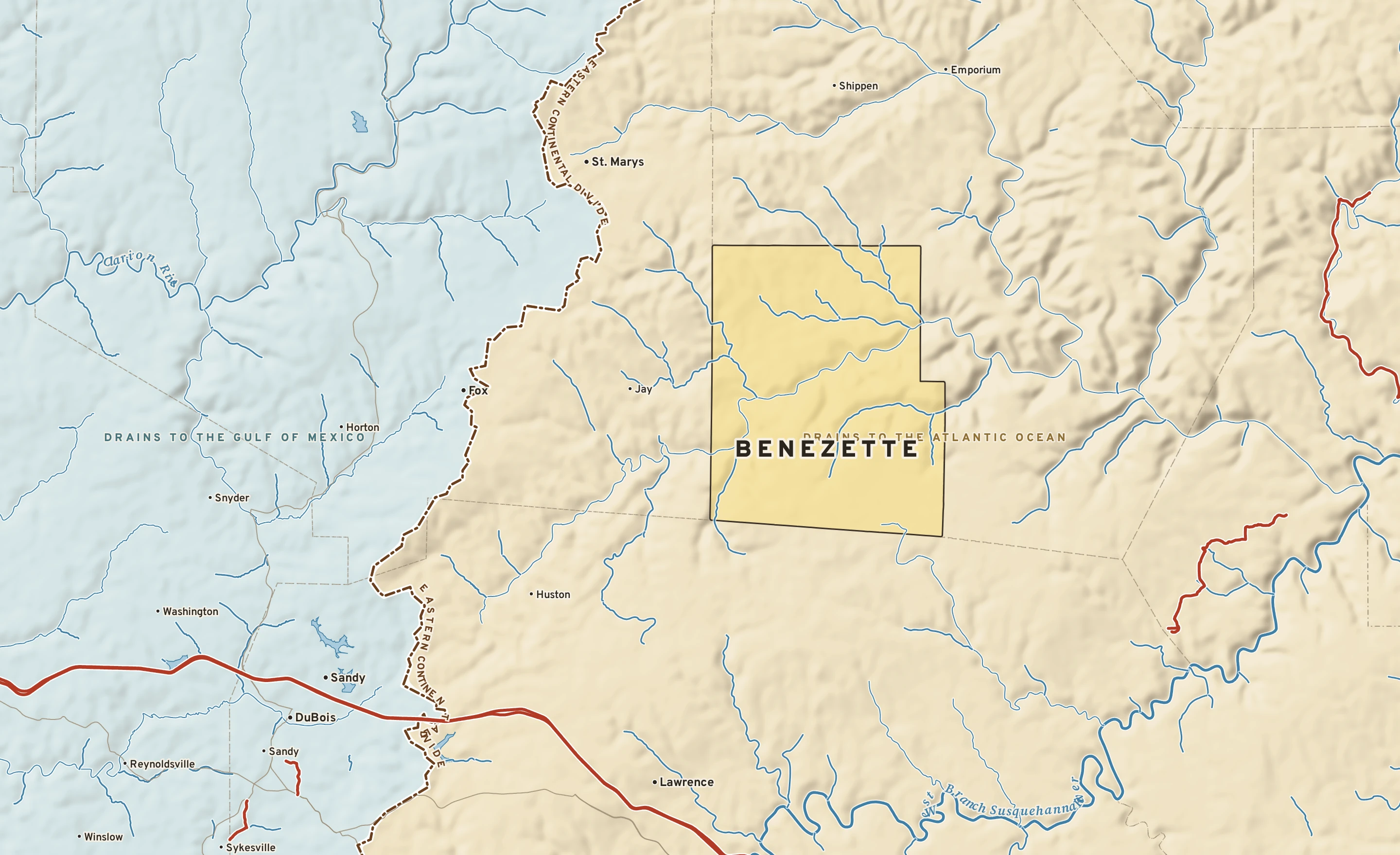 Shaded-relief atlas plate of Benezette, Pennsylvania: rivers, roads, the city limits and where the water drains.