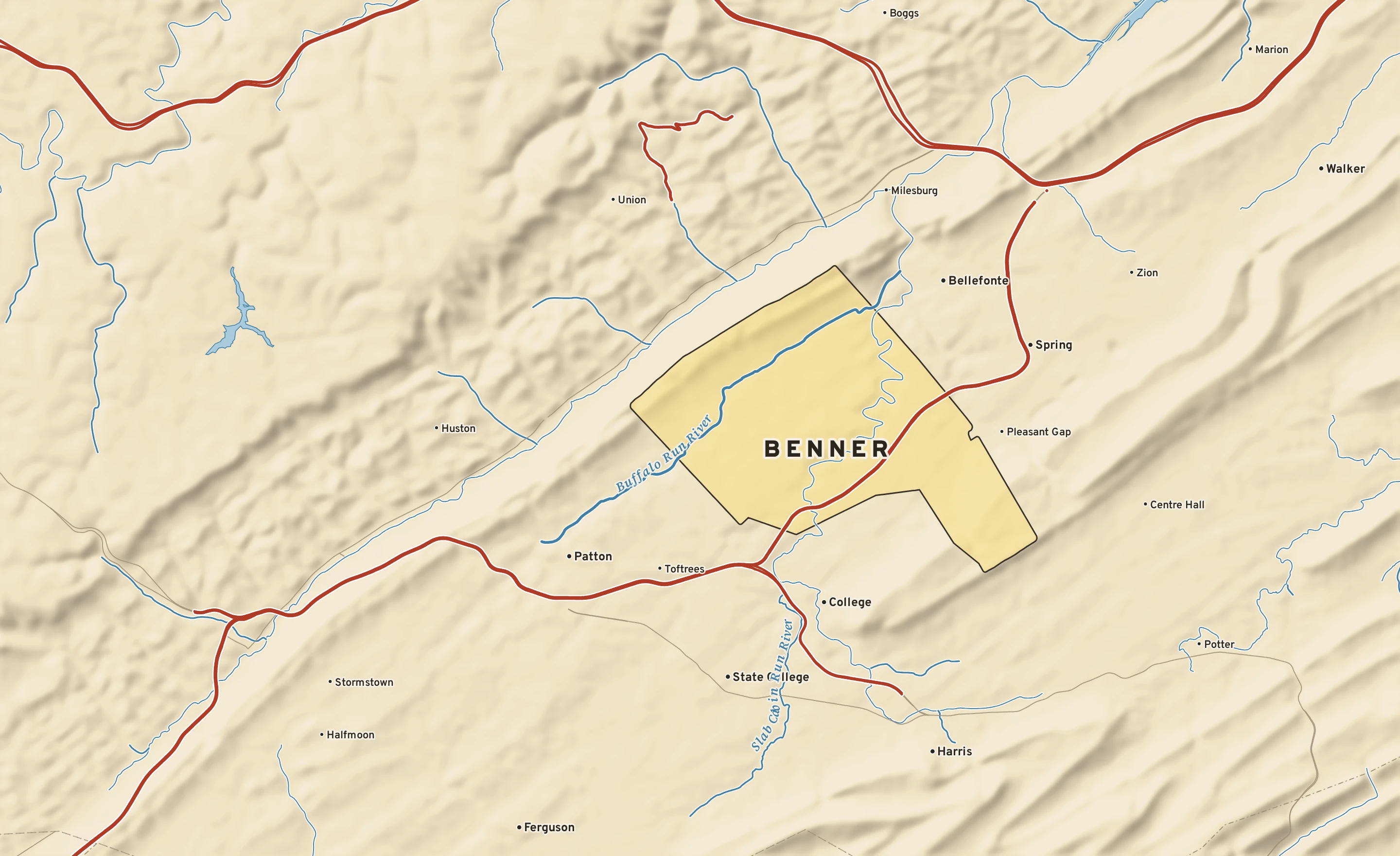 Shaded-relief atlas plate of Benner, Pennsylvania: rivers, roads, the city limits and where the water drains.