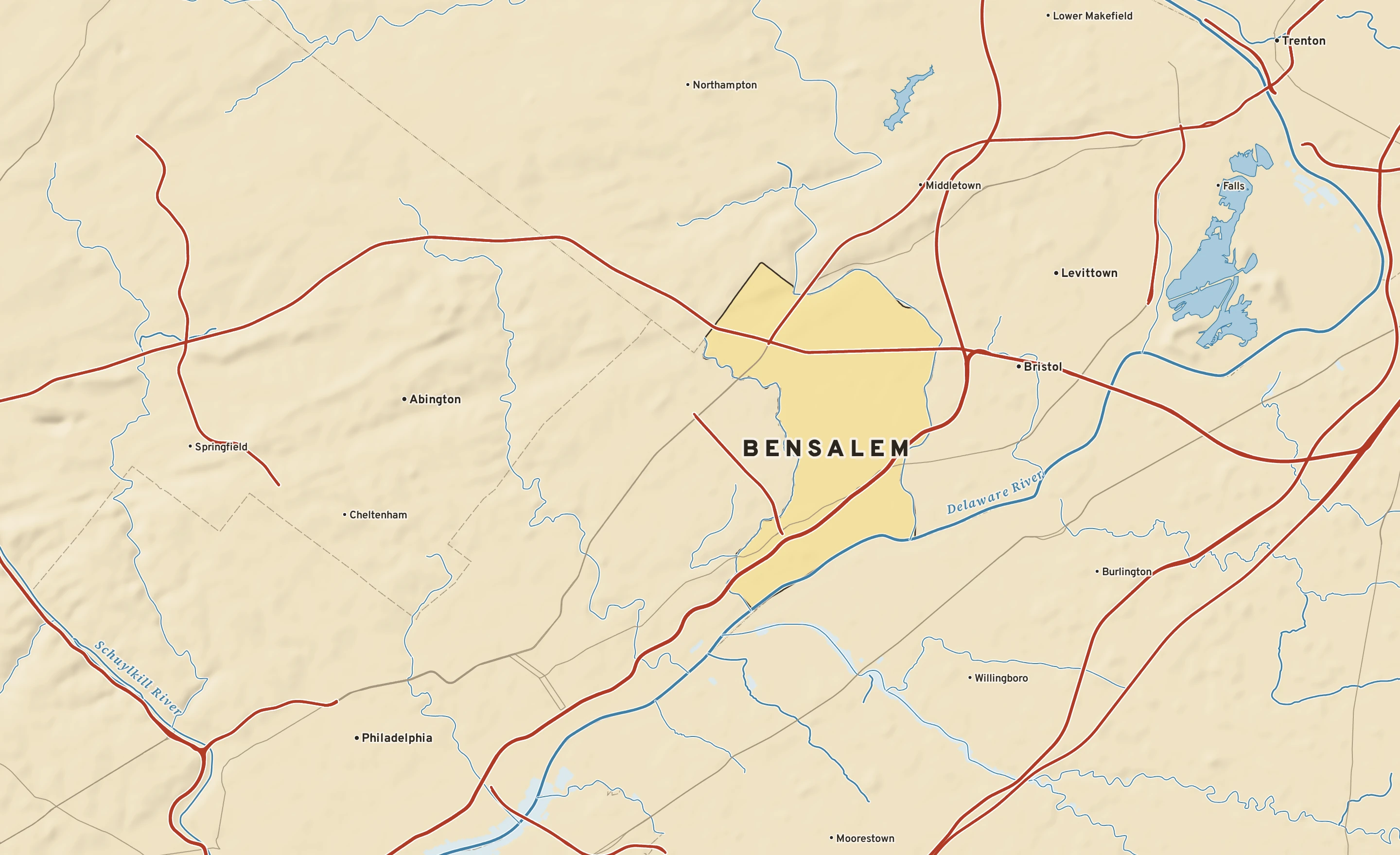Shaded-relief atlas plate of Bensalem, Pennsylvania: rivers, roads, the city limits and where the water drains.