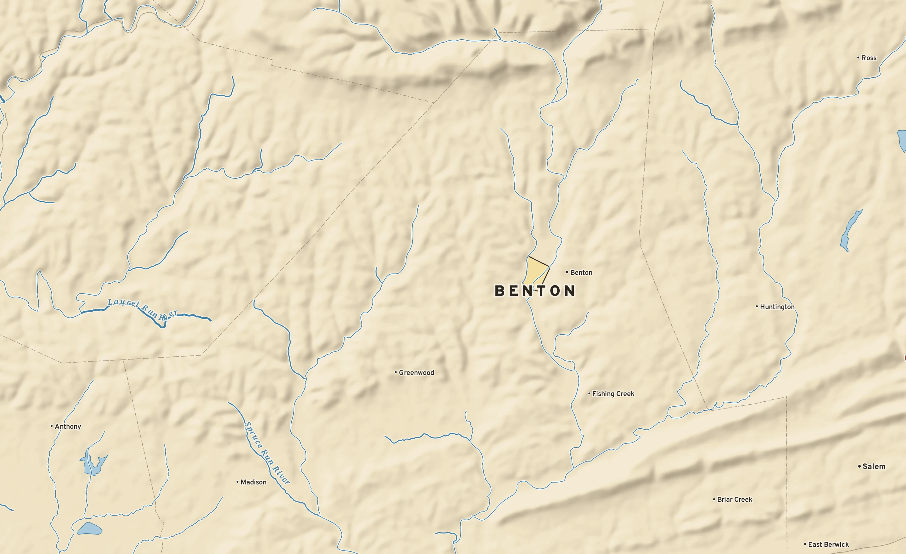 Shaded-relief atlas plate of Benton, Pennsylvania: rivers, roads, the city limits and where the water drains.