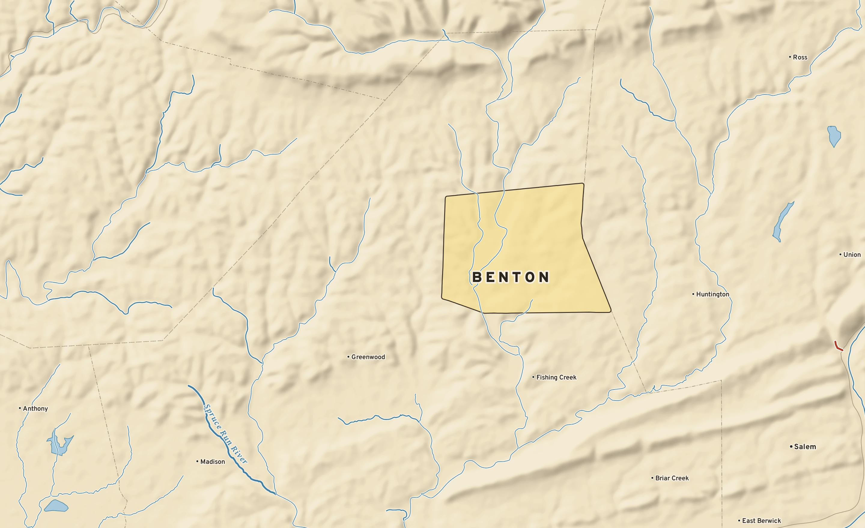 Shaded-relief atlas plate of Benton, Pennsylvania: rivers, roads, the city limits and where the water drains.
