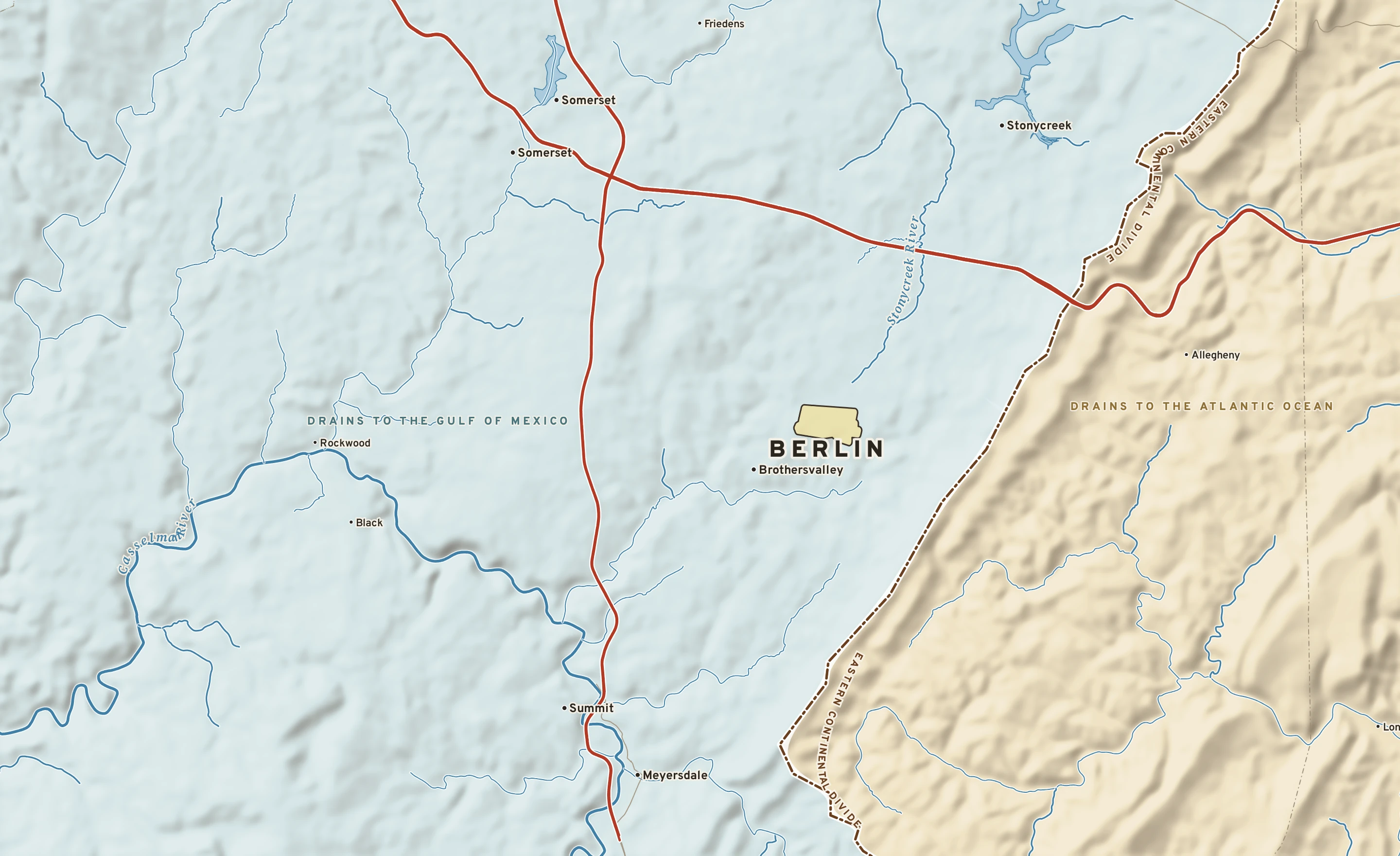 Shaded-relief atlas plate of Berlin, Pennsylvania: rivers, roads, the city limits and where the water drains.