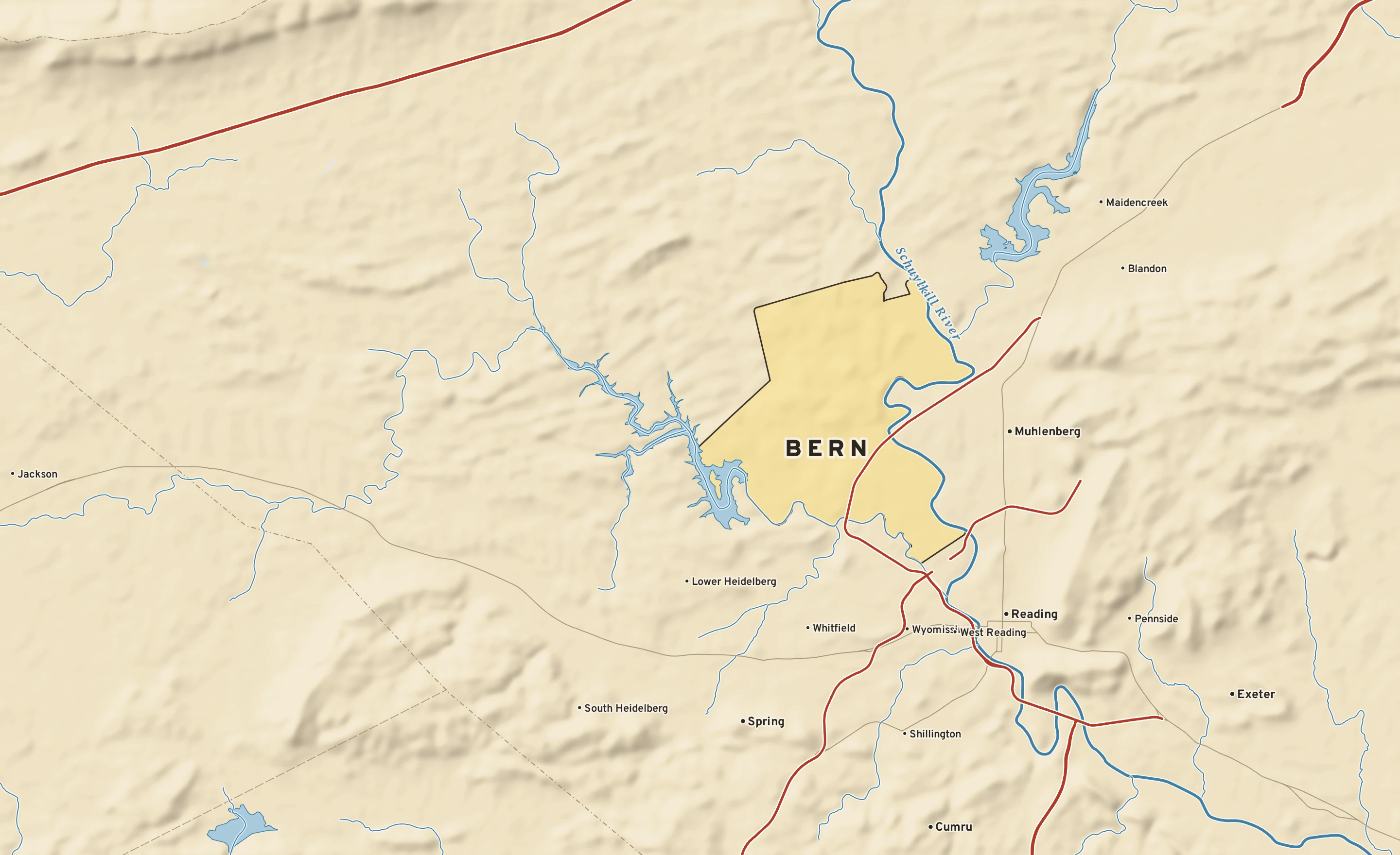 Shaded-relief atlas plate of Bern, Pennsylvania: rivers, roads, the city limits and where the water drains.