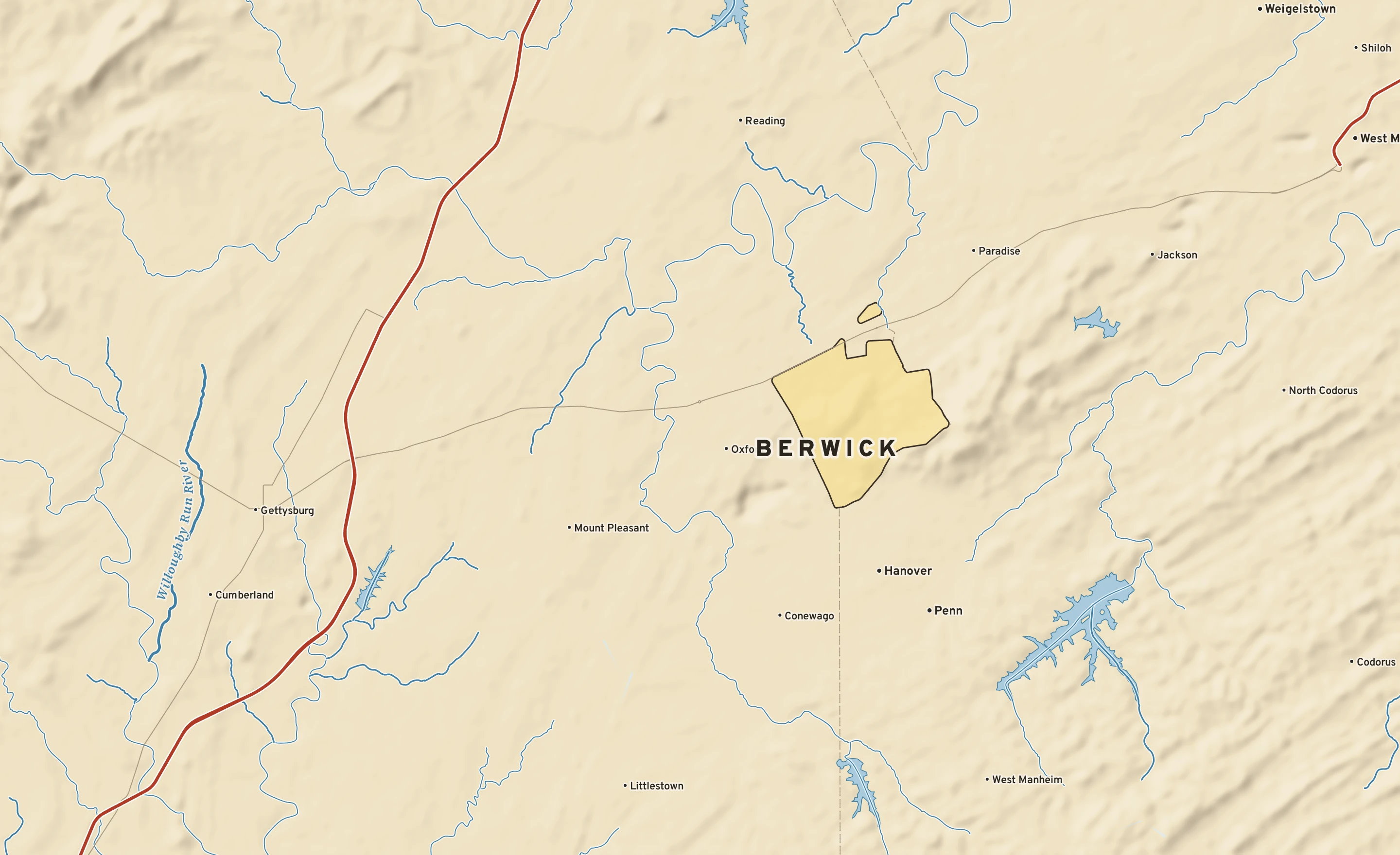 Shaded-relief atlas plate of Berwick, Pennsylvania: rivers, roads, the city limits and where the water drains.