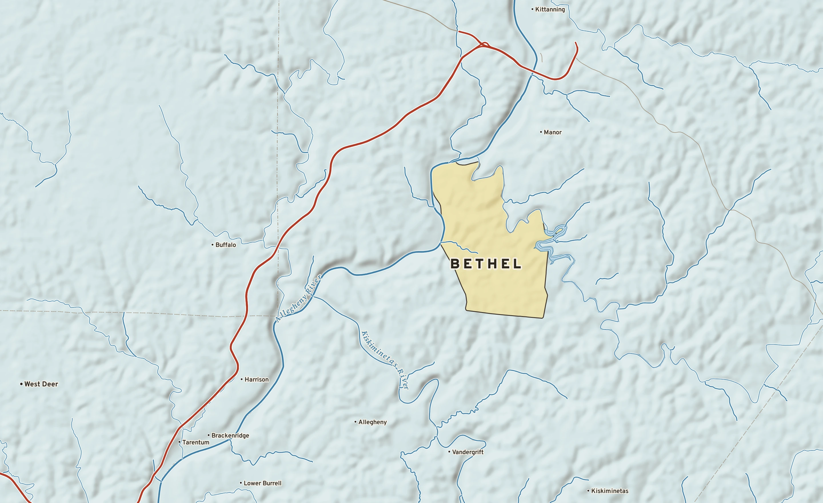 Shaded-relief atlas plate of Bethel, Pennsylvania: rivers, roads, the city limits and where the water drains.