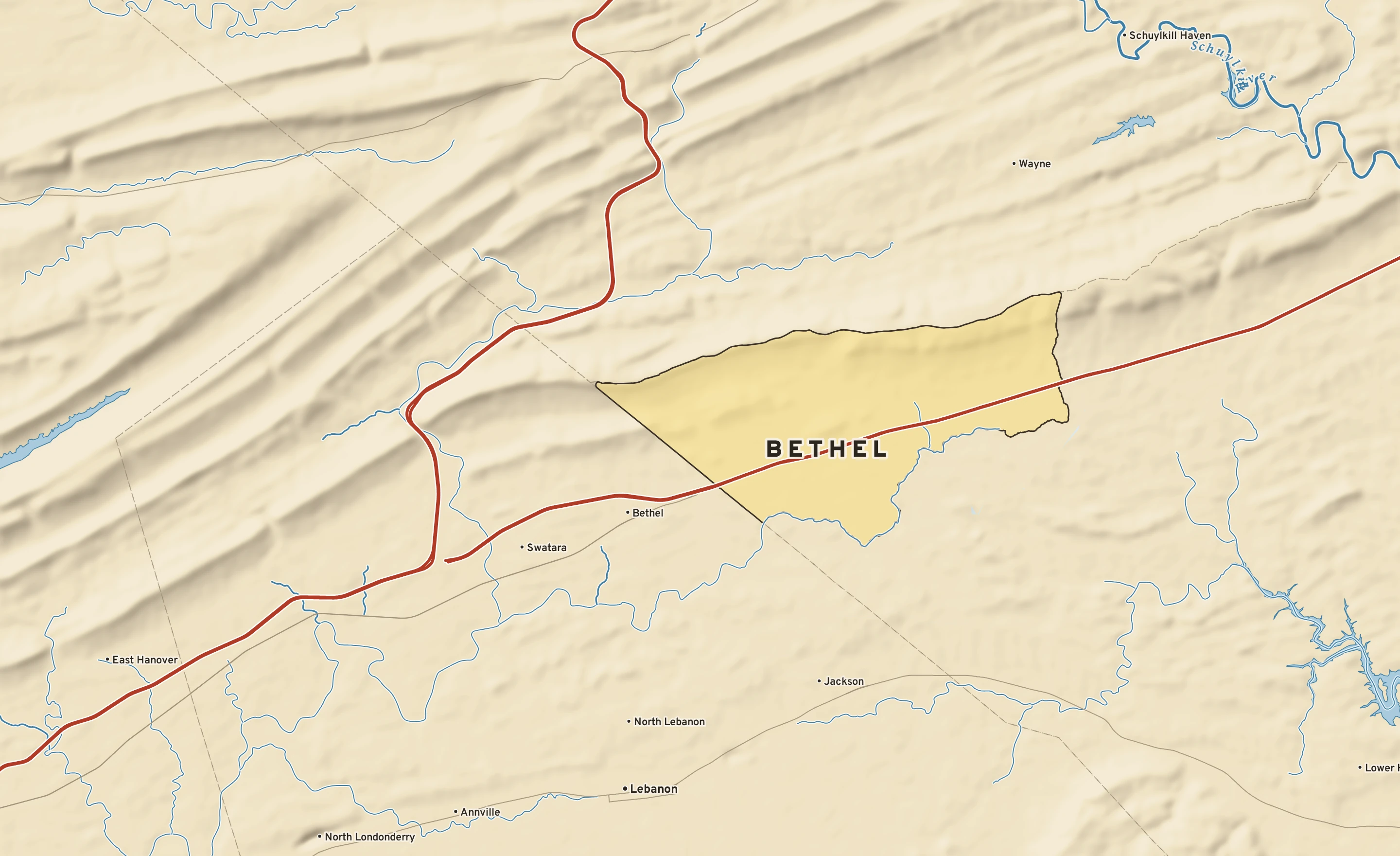 Shaded-relief atlas plate of Bethel, Pennsylvania: rivers, roads, the city limits and where the water drains.