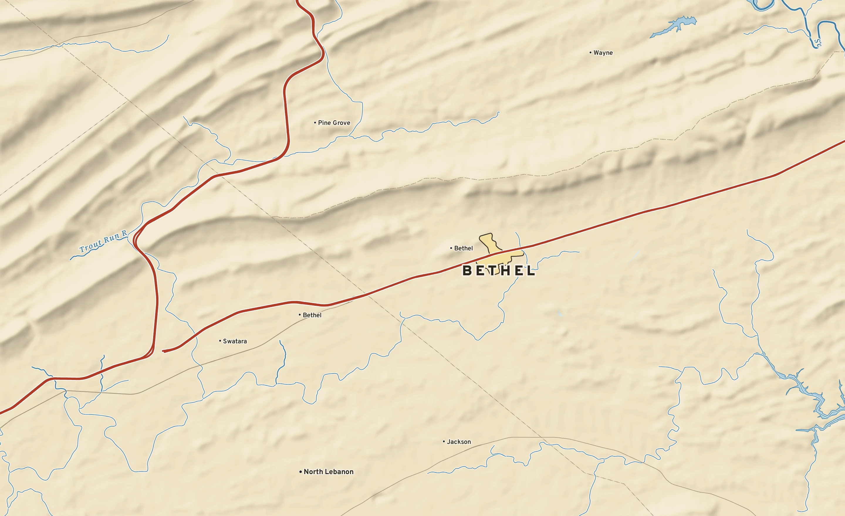 Shaded-relief atlas plate of Bethel, Pennsylvania: rivers, roads, the city limits and where the water drains.