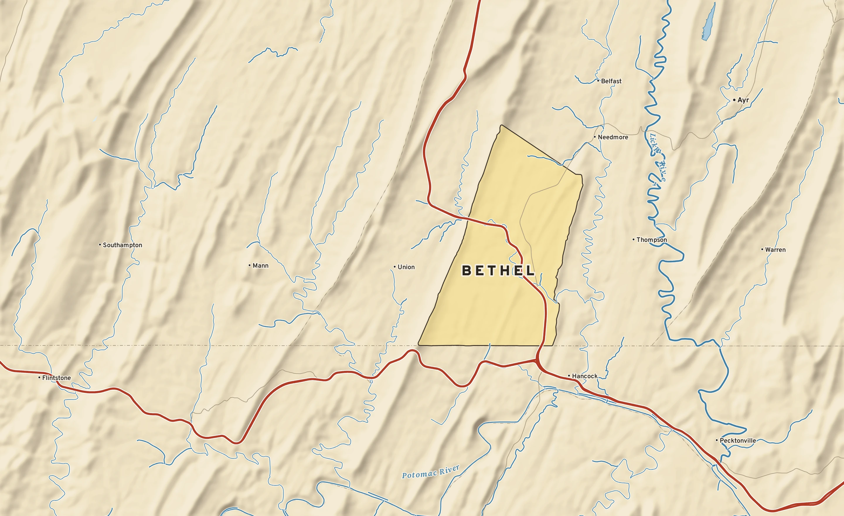 Shaded-relief atlas plate of Bethel, Pennsylvania: rivers, roads, the city limits and where the water drains.